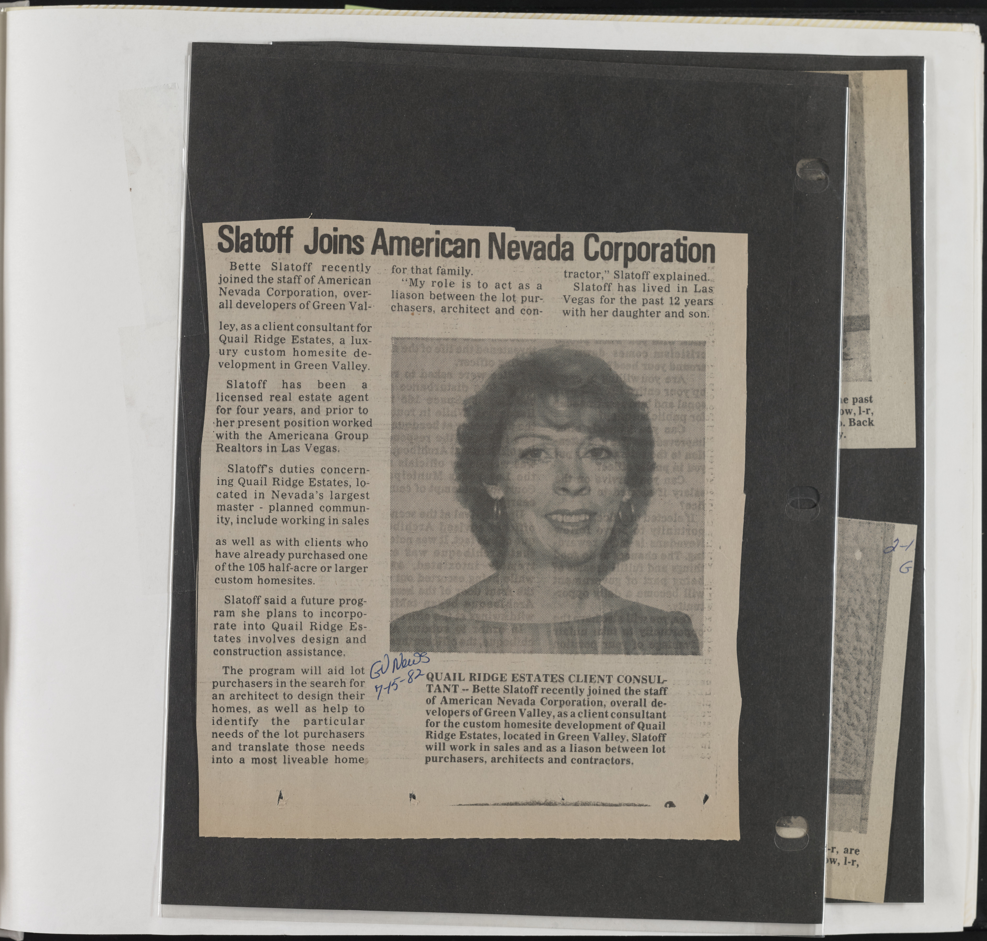 Newspaper clipping, Slatoff joins American Nevada Corporation, Green Valley News, July 15, 1982