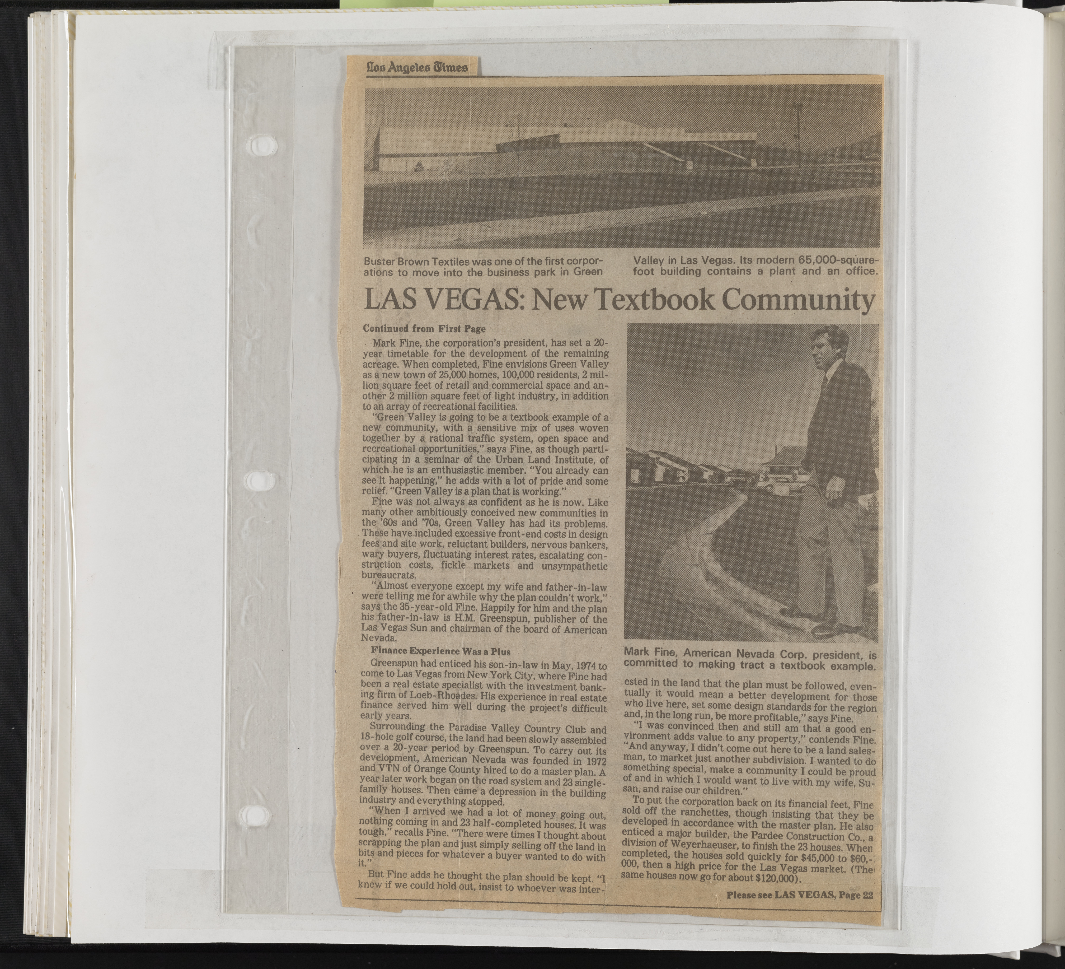 Newspaper clipping, Las Vegas: New Textbook Community, Los Angeles Times