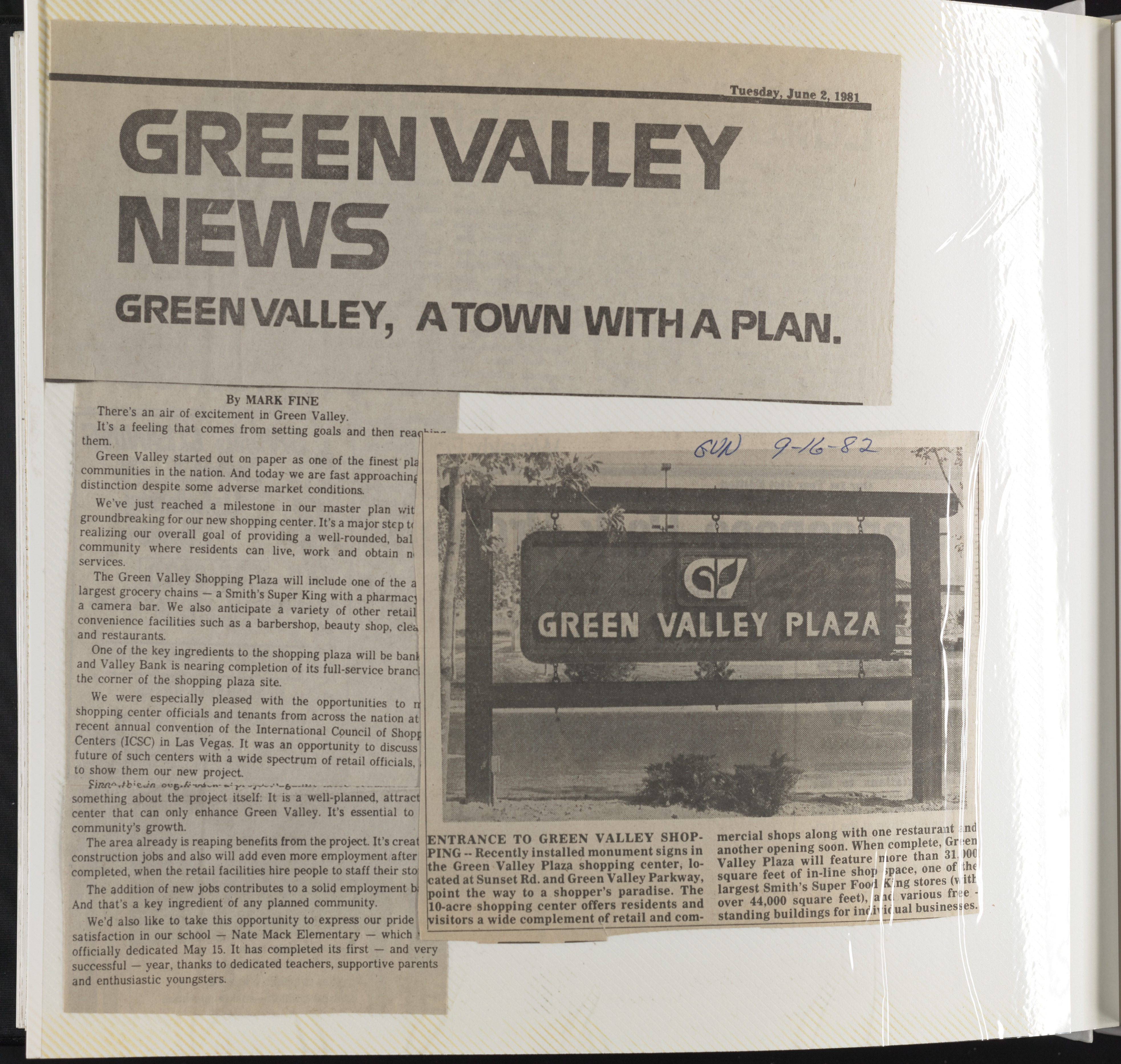 Newspaper clipping, Green Valley News, September 16, 1982