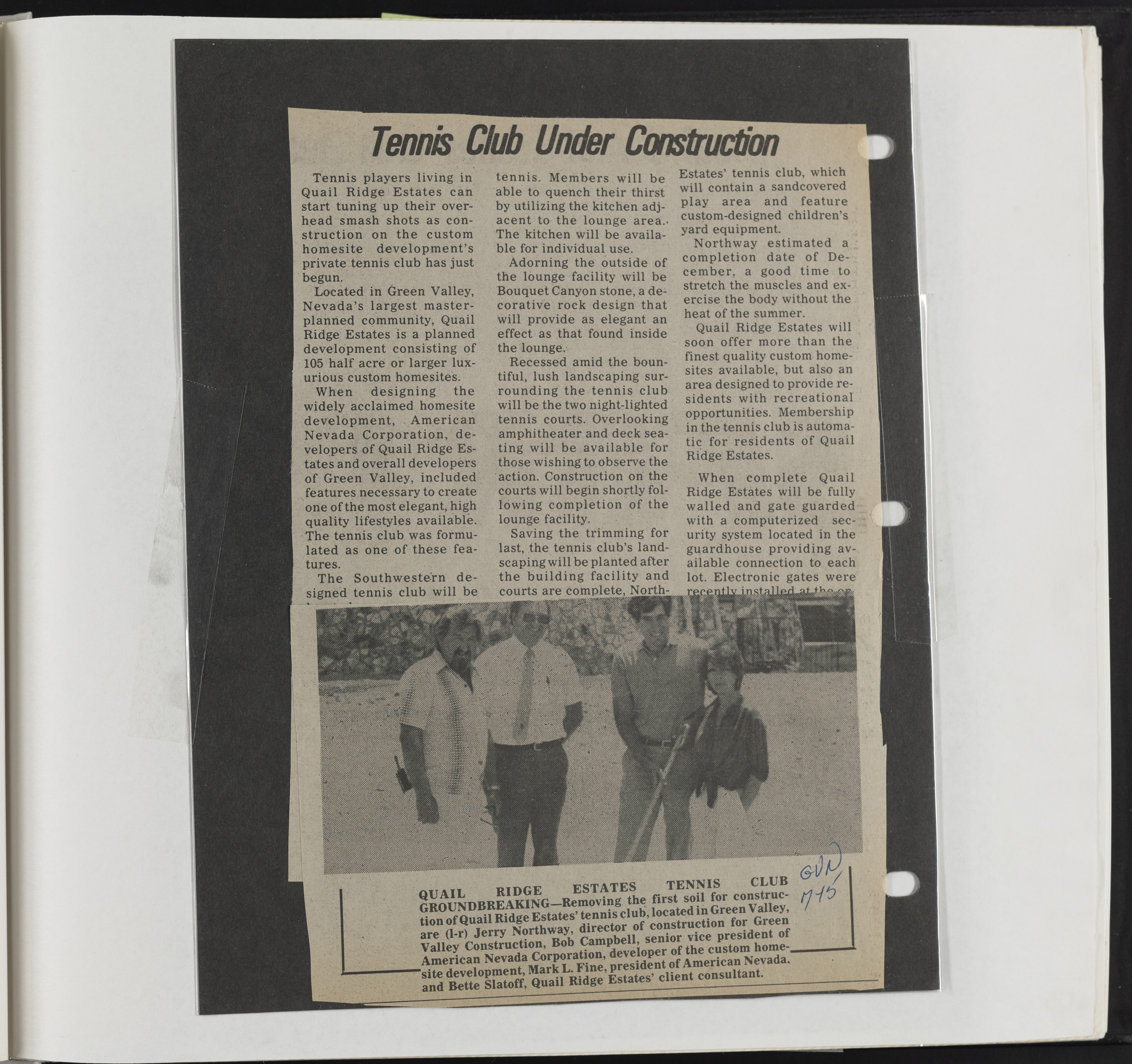 Newspaper clipping, Tennis Club Under Construction, Green Valley News, July 15, 1982