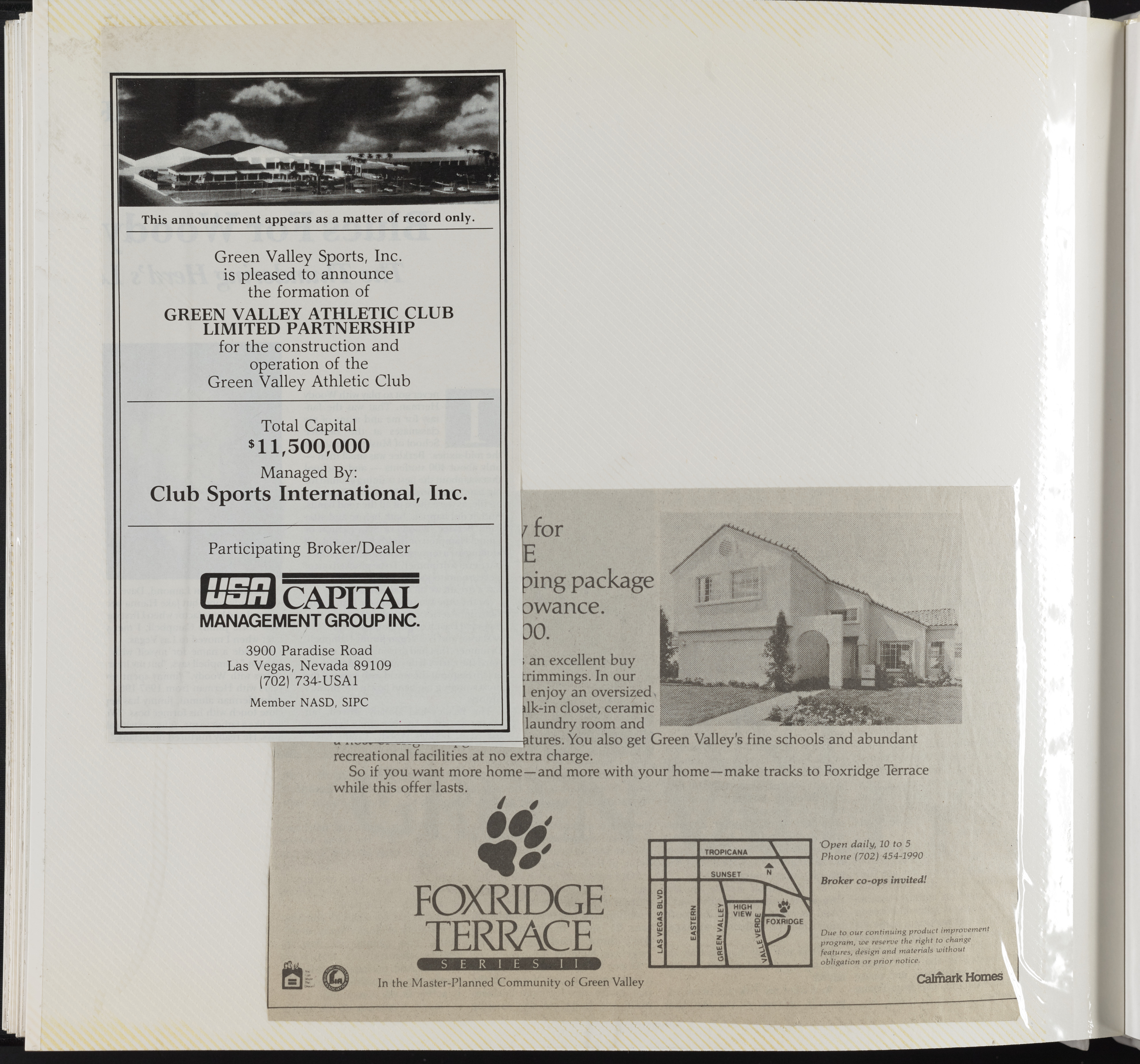 Clippings of advertisements for Green Valley