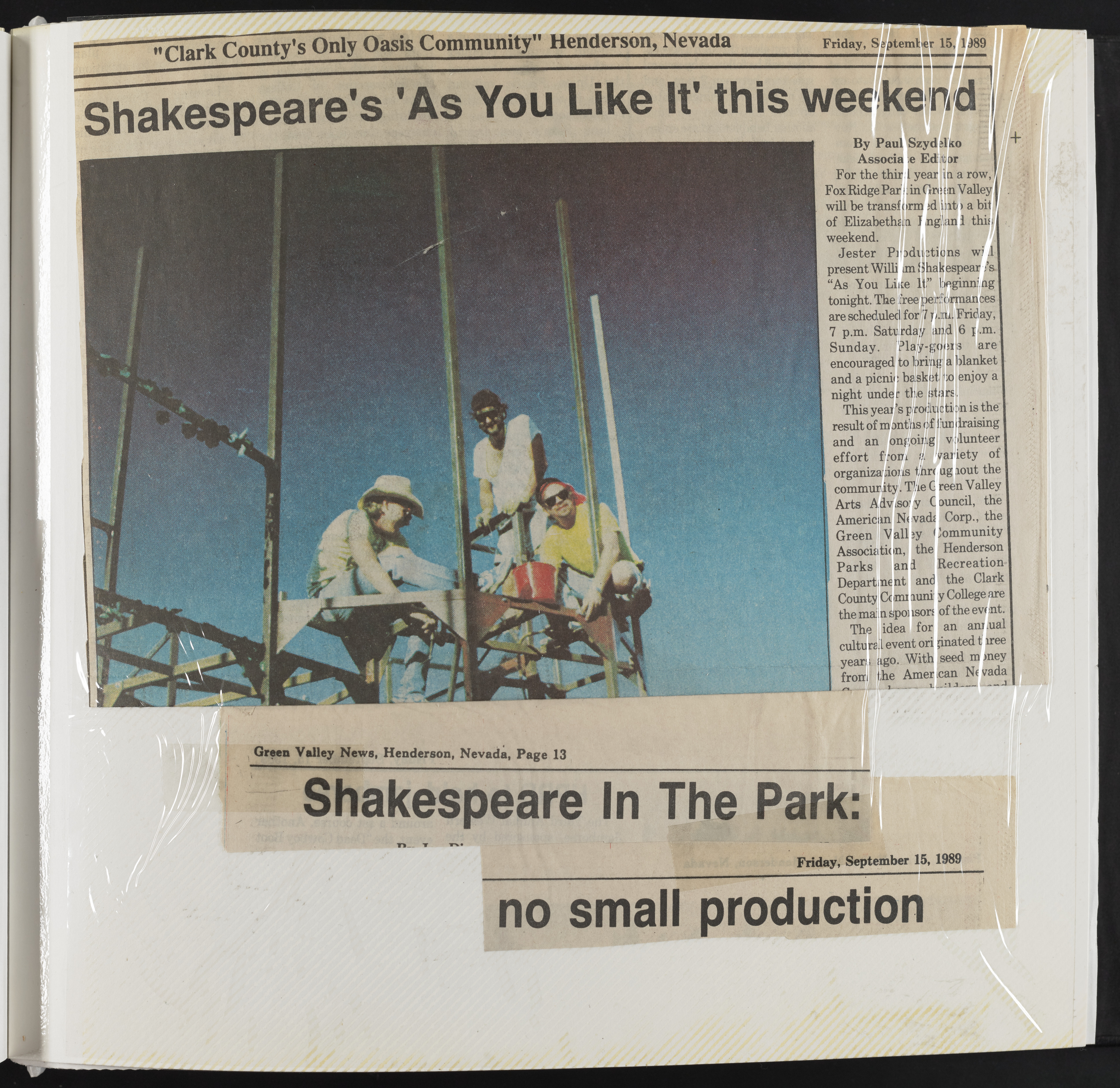 Newspaper clipping, Shakespeare's As You Like It this weekend, Green Valley News, September 15, 1989