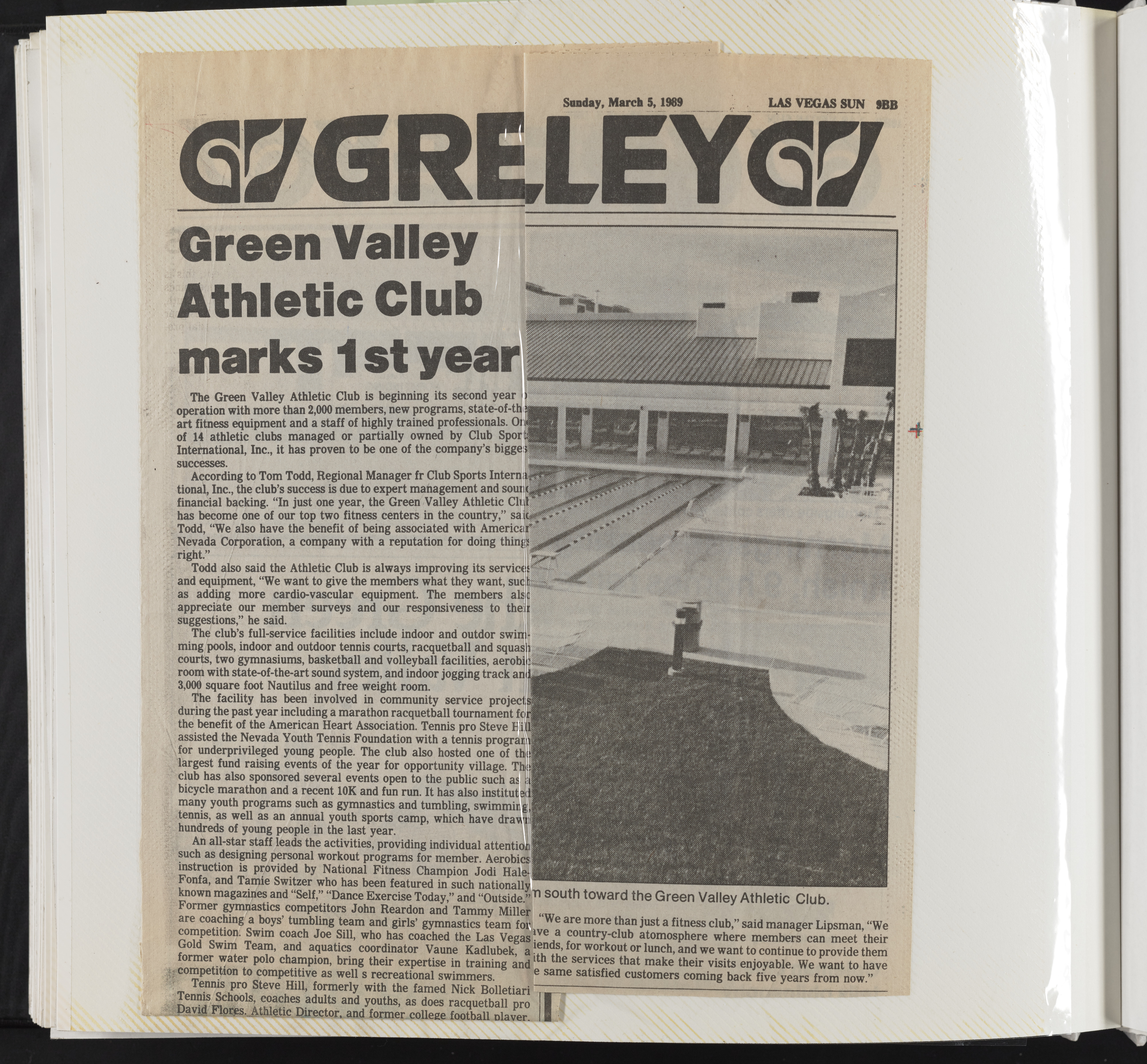 Newspaper clipping, Green Valley Athletic Club marks 1st year, Las Vegas Sun, March 5, 1989