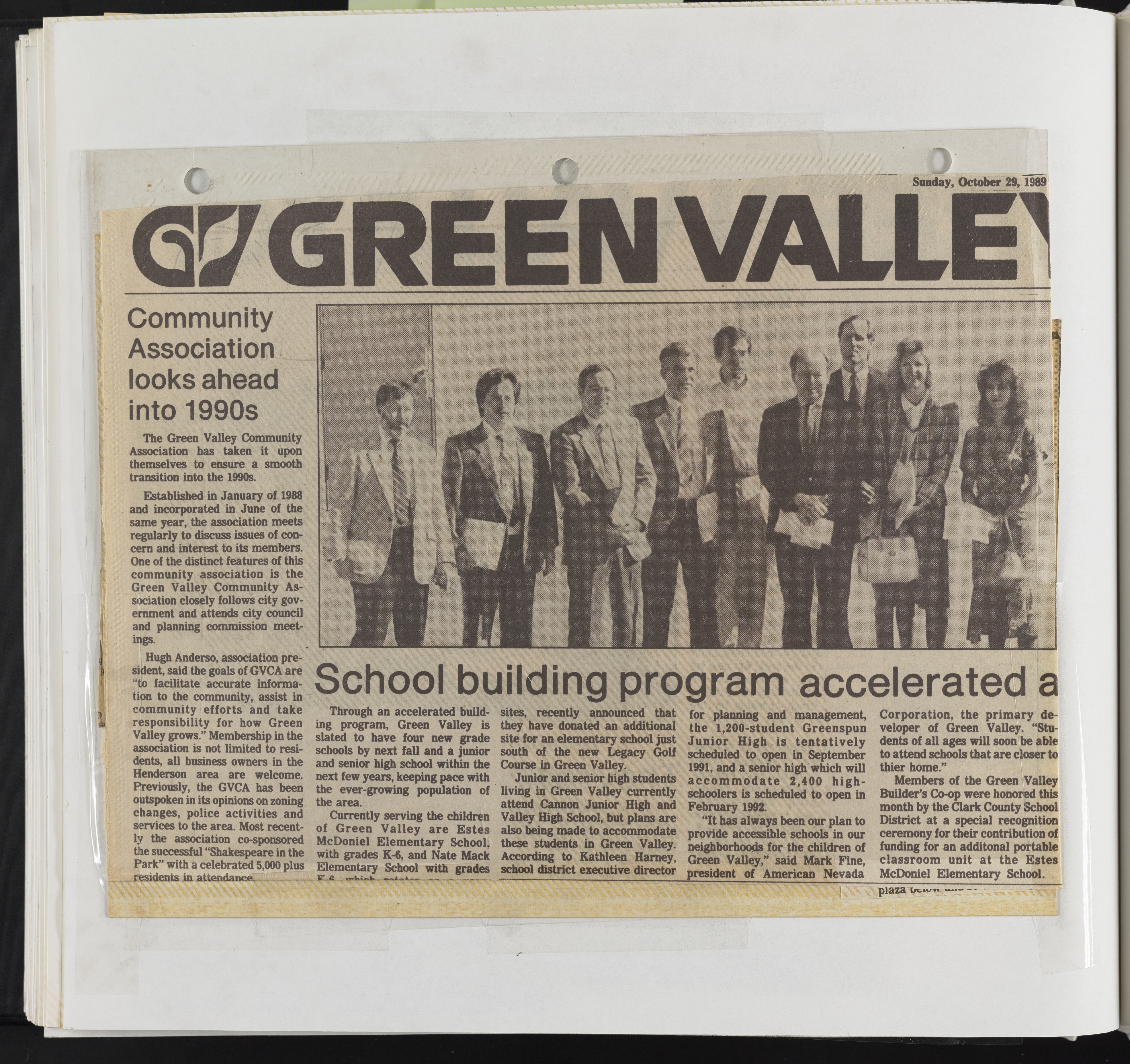 Newspaper clipping, Community Association looks ahead into 1990s, Las Vegas Sun, October 29, 1989