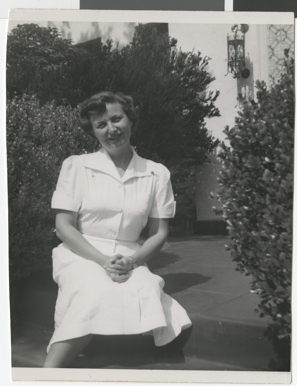 Photograph of Adele Baratz seated outdoors, circa 1947