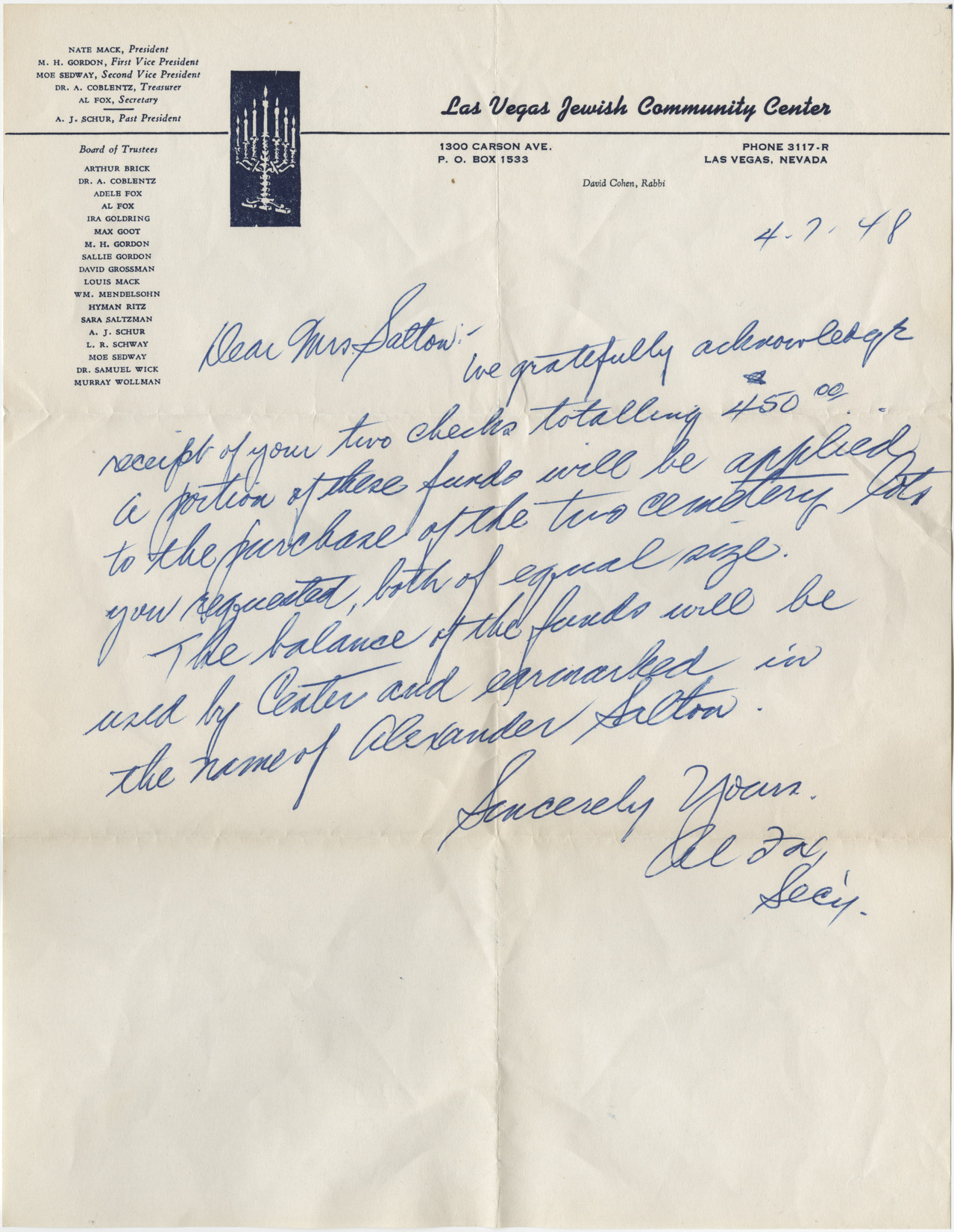 Letter from Al Fox to Charles Salton to confirm receipt of funds for the Las Vegas Jewish Community Center, March 7, 1948