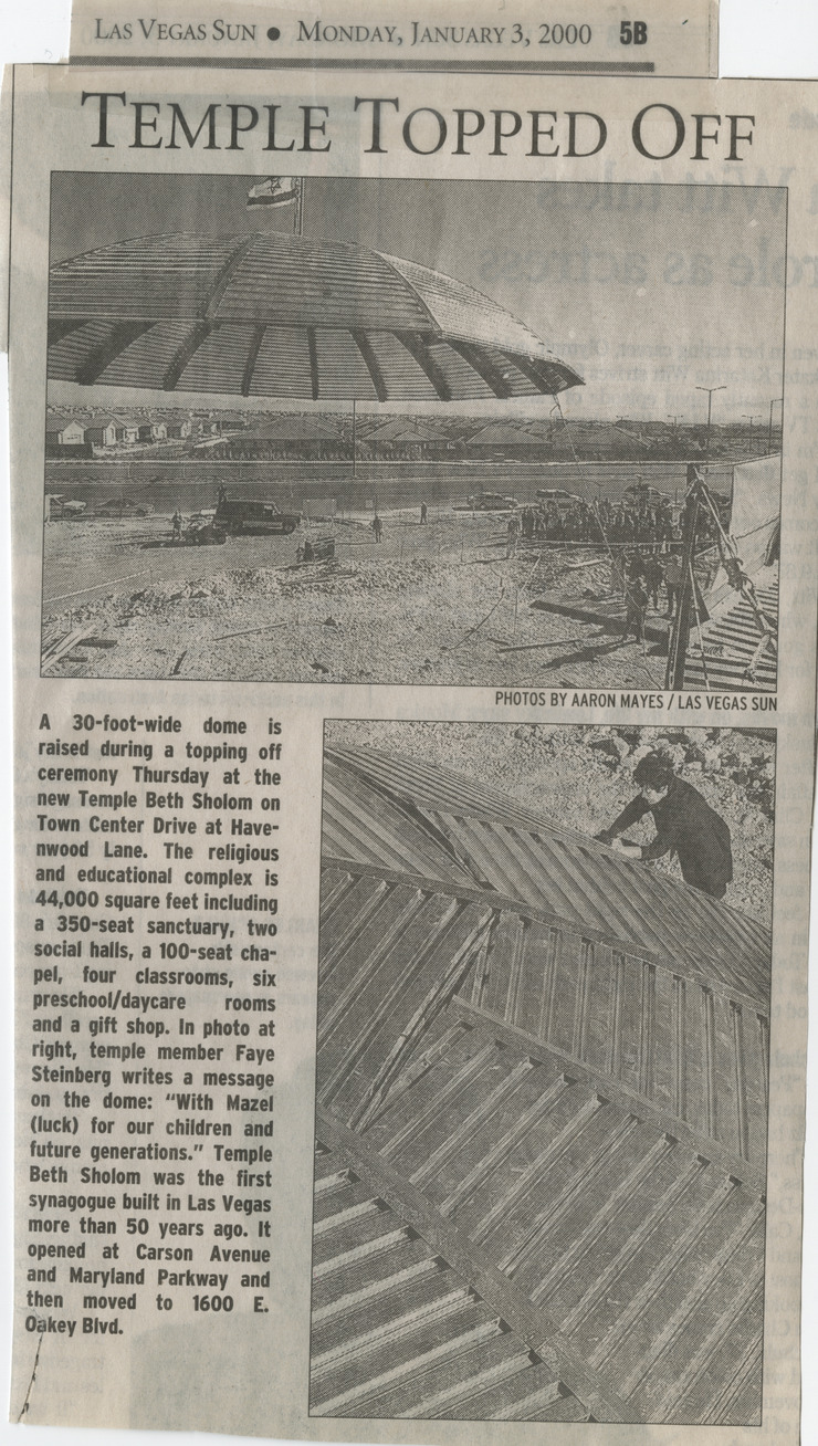 Newspaper clipping, "Temple Topped Off," Las Vegas Sun, January 23, 2000
