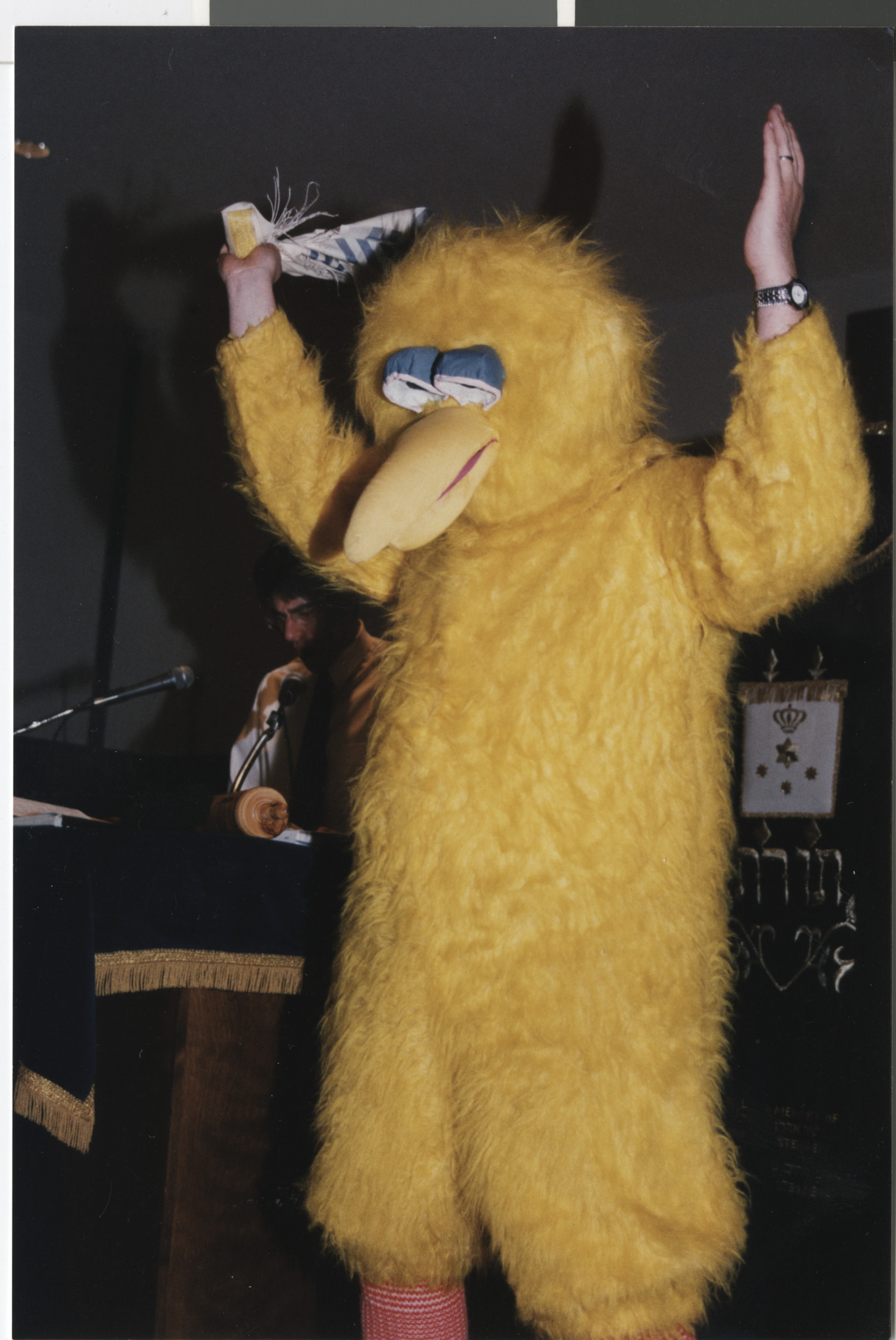 Photograph of Rabbi Goodman in a Big Bird costume for Purim, 1990s