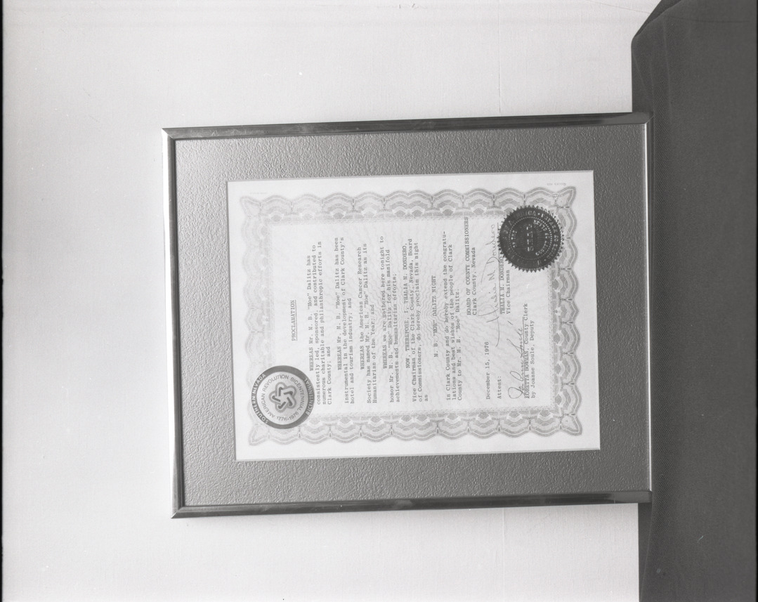 Film negative of framed proclamation recognizing Moe Dalitz Night, December 15, 1976
