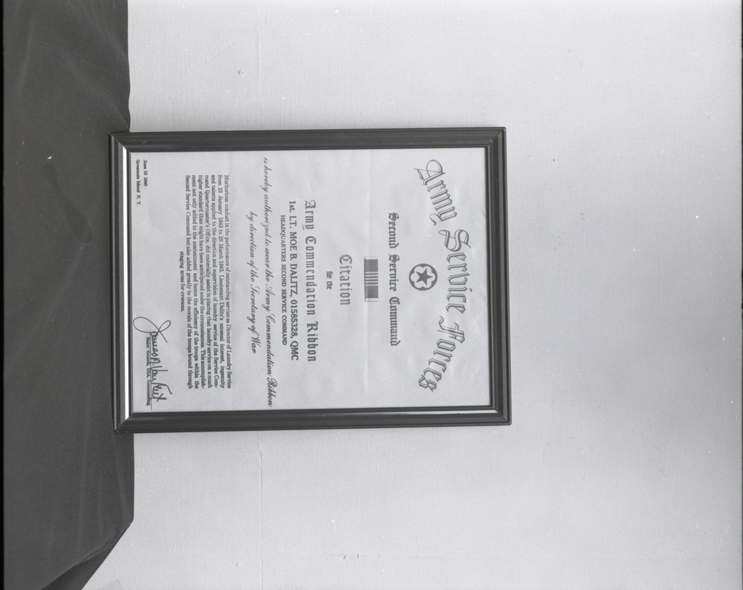Film negative of plaque, Army Service Forces Citation for Army Commendation Ribbon, 1st LT. Moe B. Dalitz, for outstanding services as Director of Laundry Services,  1943-1945
