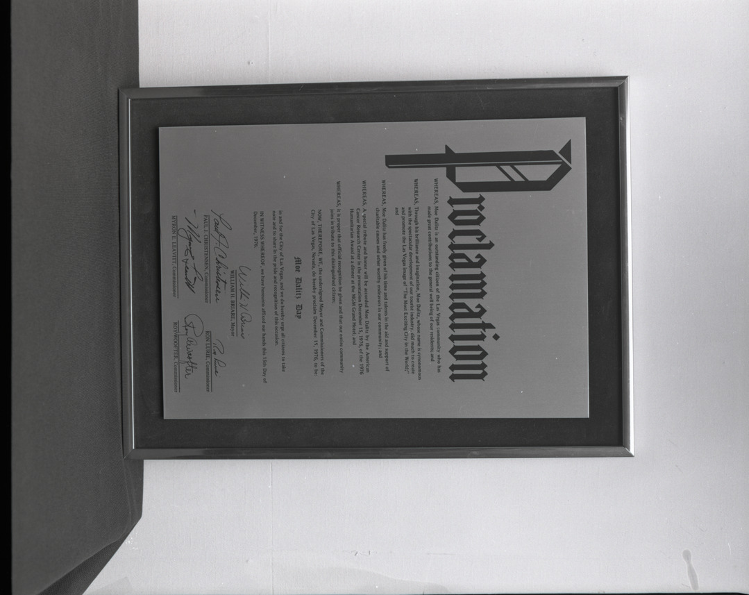 Film negative of plaque, Proclamation for Moe Dalitz Day, December 15, 1976