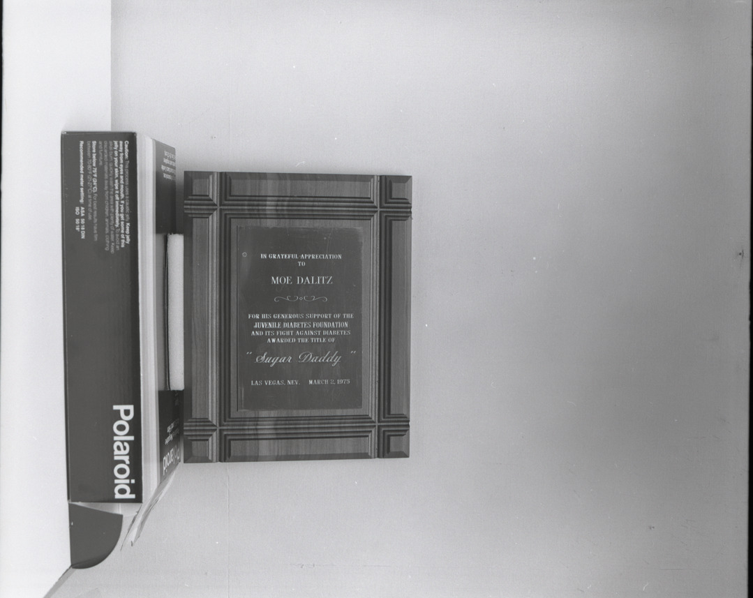 Film negative of plaque in grateful appreciation to Moe Dalitz for his support of the Juvenile Diabetes Foundation, 1975