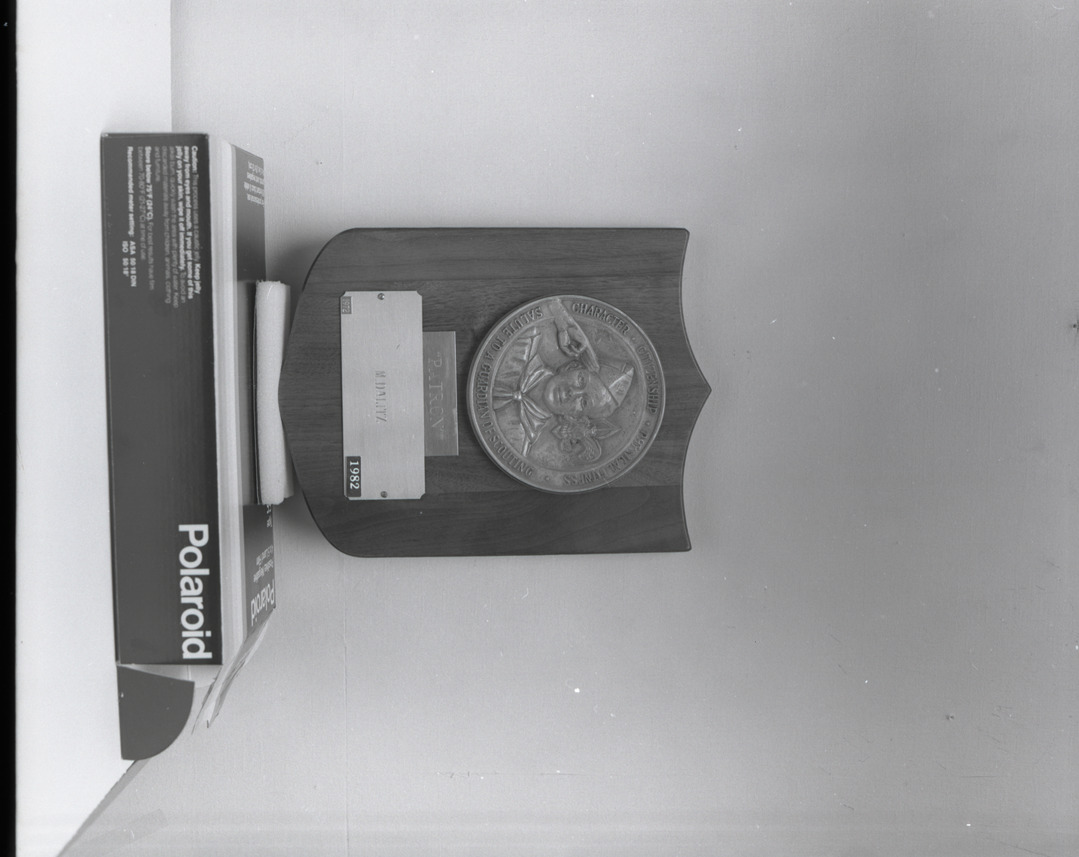 Film negative of plaque for M. Dalitz from the Boy Scouts of America, 1982