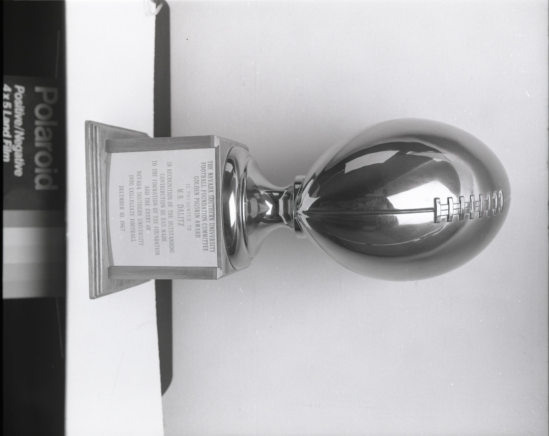 Film negative of trophy, Nevada Southern University Football Foundation Committee Golden Pigskin Award for M.B. Dalitz, 1967