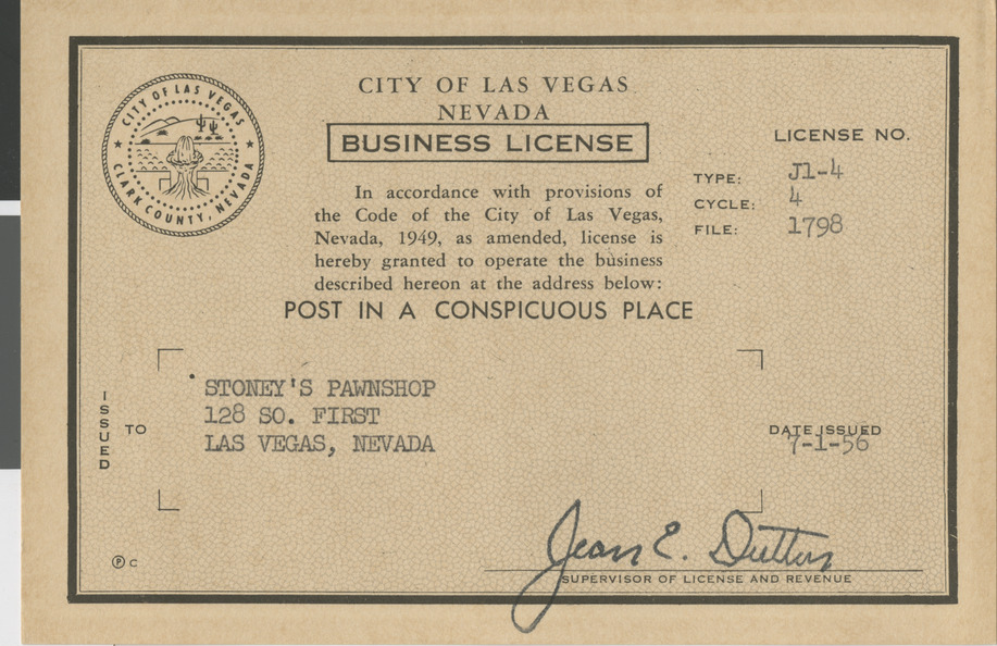 Business license for Stoney's Pawnshop, July 1, 1956