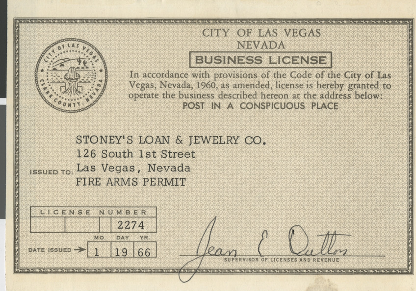 Business license firearms permit for Stoney's Loan & Jewelry Co., January 19, 1966