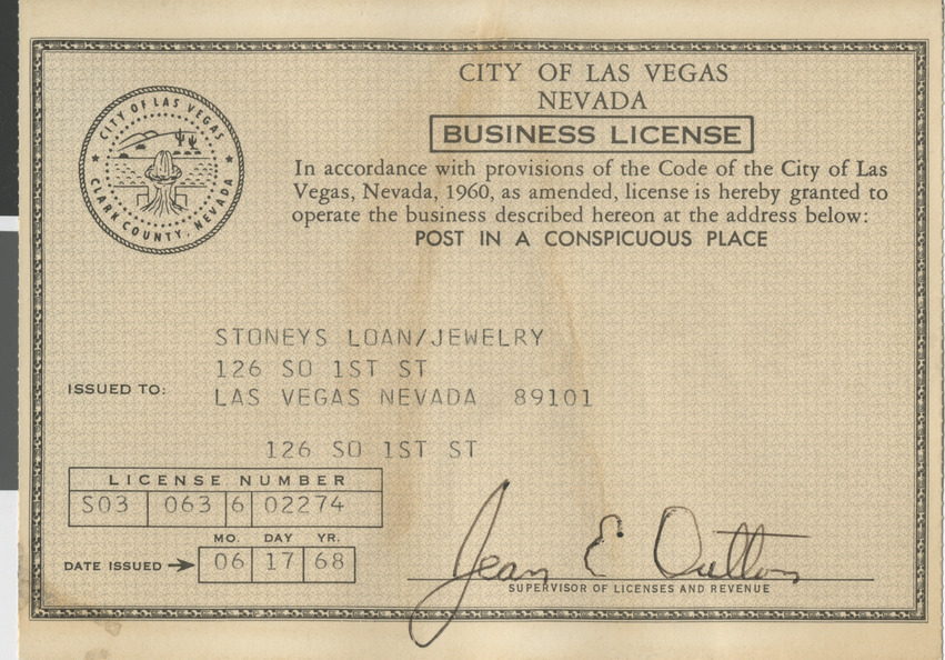 Business license for Stoney's Loan/Jewelry, June 17, 1968