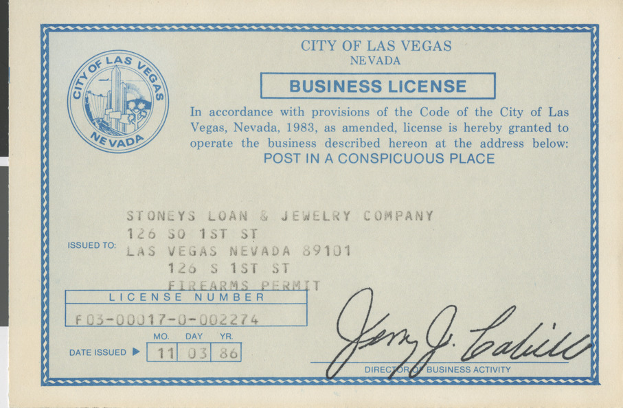 Business license firearms permit for Stoney's Loan & Jewelry Company, November 3, 1986