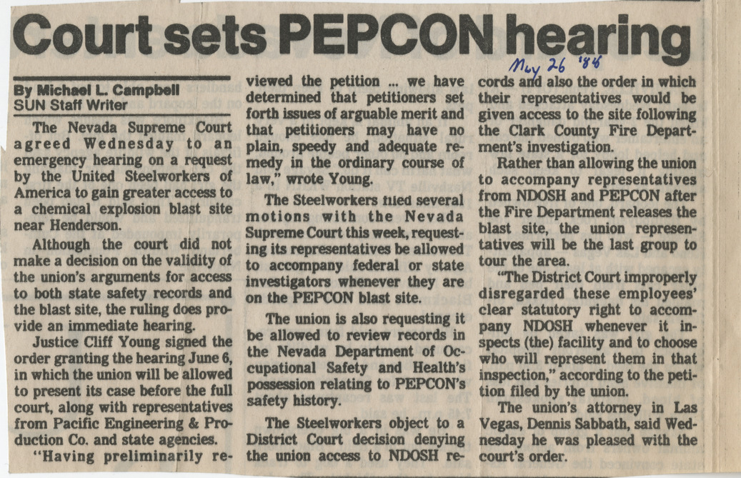 Newspaper clipping, Court sets PEPCON hearing, Las Vegas Sun, May 26, 1988