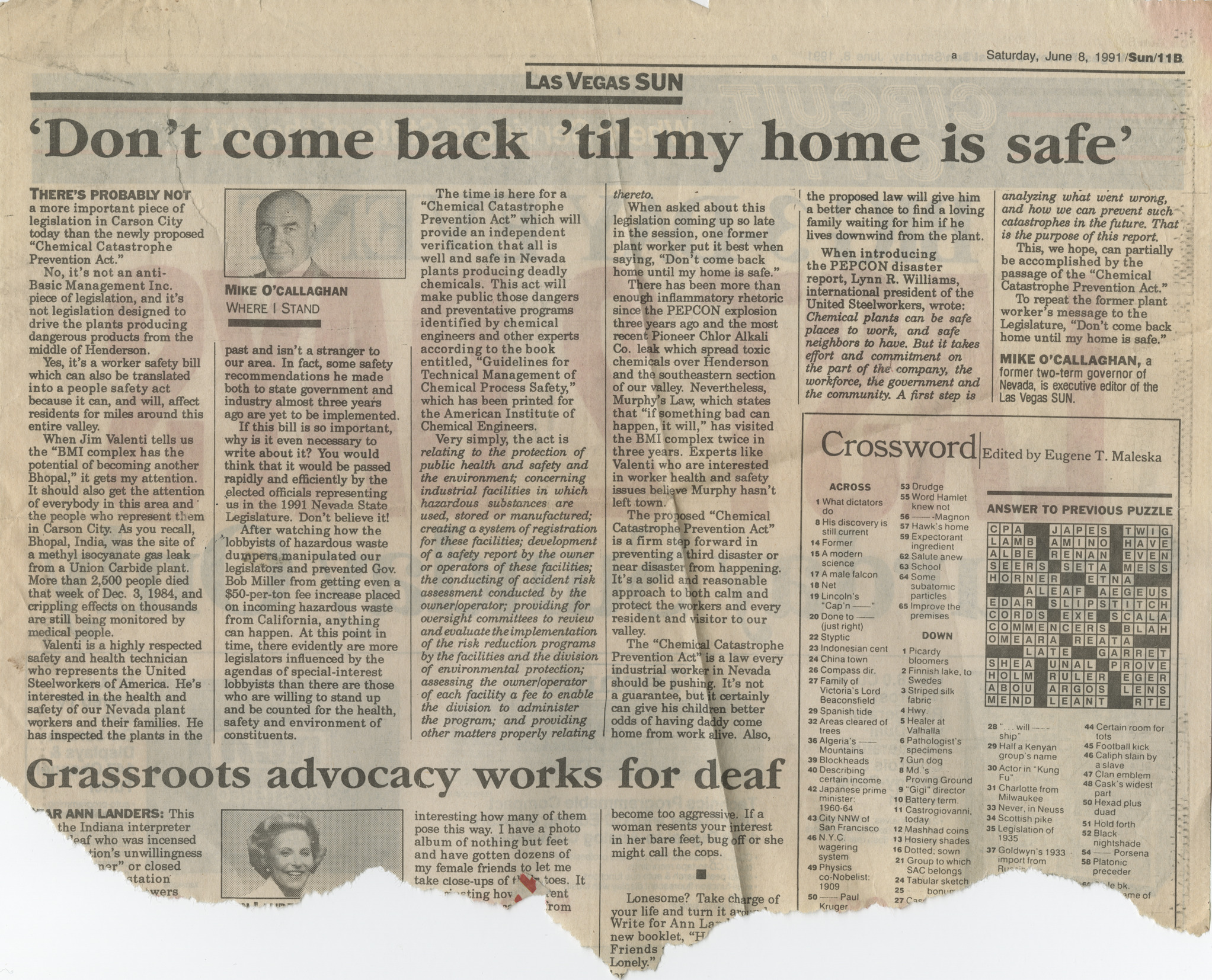 Newspaper clipping, Don't come back 'til my home is safe, Las Vegas Sun, June 8, 1991