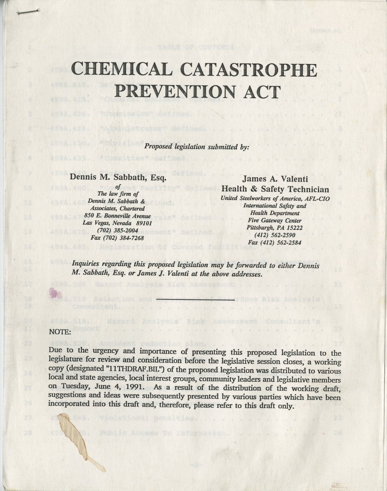 Cover page for proposed legislation for the Chemical Catastrophe Prevention Act, submitted by Dennis M. Sabbath, Esq. and James A. Valentini (Health and Safety Technician), June 4, 1991