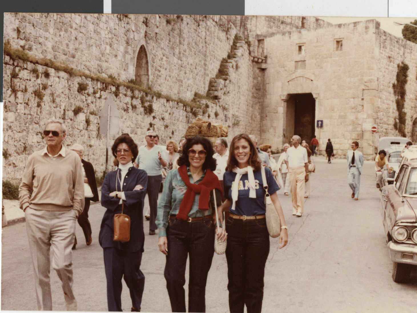 Photograph of group including Marilynn and Joyce Mack at the Western Wall, Jerusalem, 1979