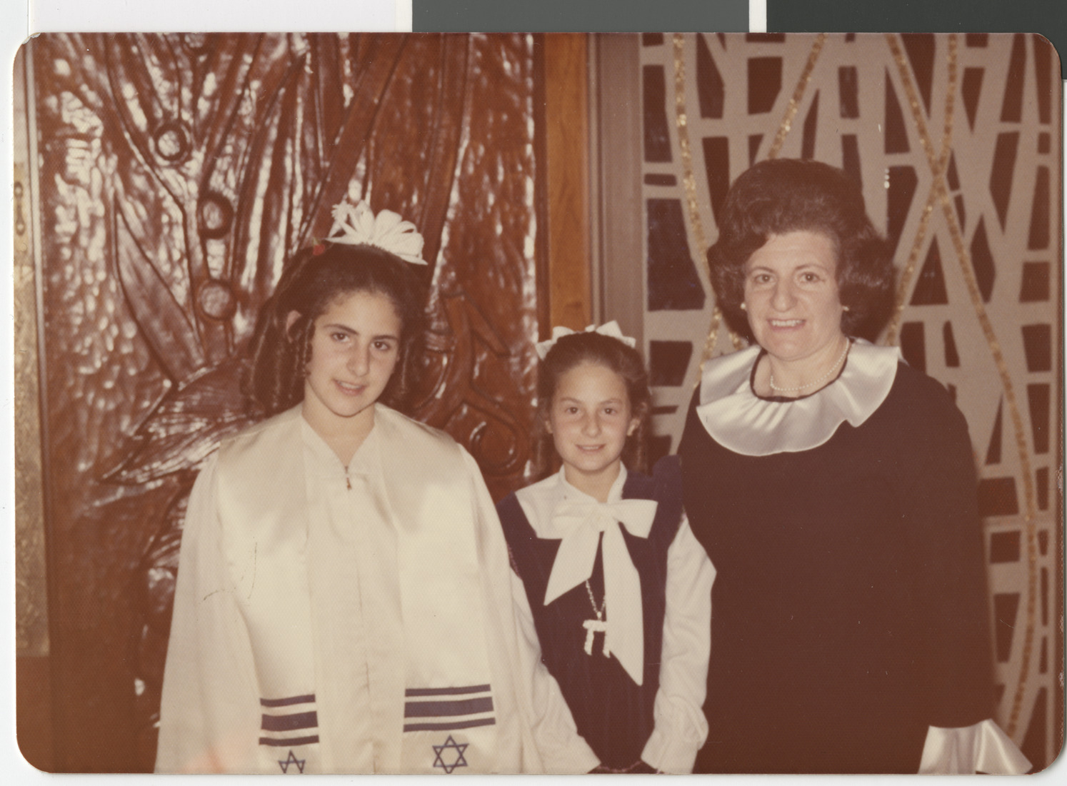 Photograph of Lori Chenin, Sheryl Chenin and Fernande Chenin at bat mitzvah for Lori Chenin, February 3, 1973