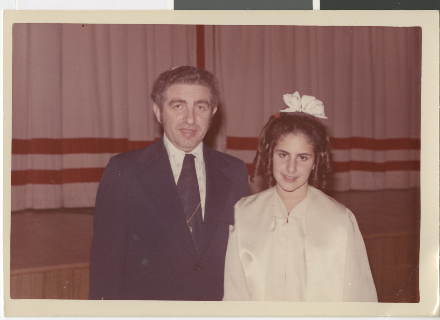 Photograph of Cantor Joseph Kohn and Lori Chenin at bat mitzvah for Lori Chenin, February 3, 1973