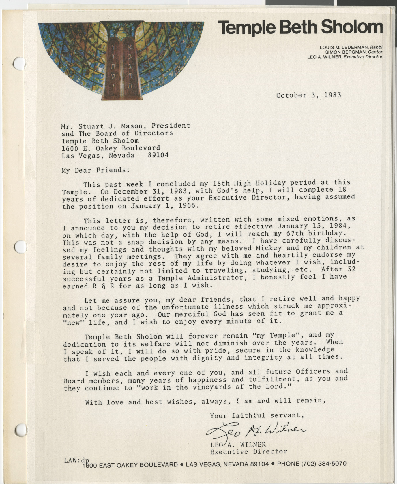 Letter from Leo Wilner to Stuart Mason, October 3, 1983, announcing Wilner's retirement