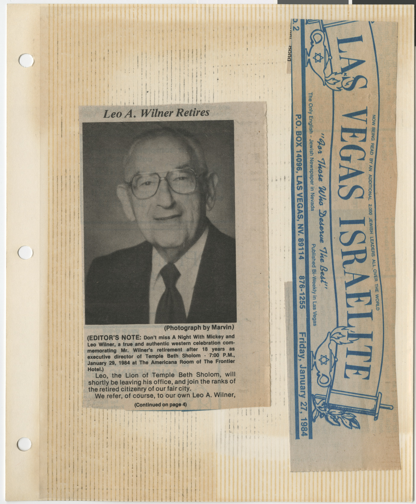 Newspaper clipping, Leo A. Wilner Retires, Las Vegas Israelite, January 27, 1984