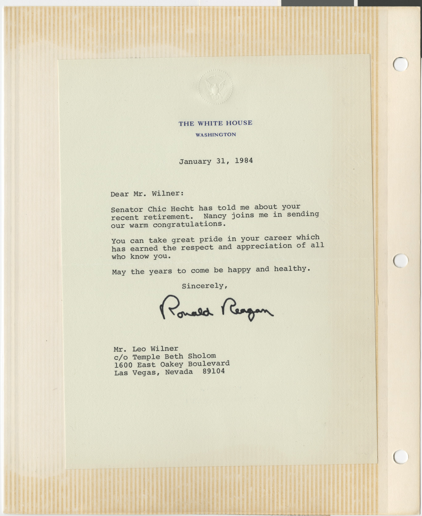 Letter from President Ronald Reagan to Leo Wilner, January 31, 1984