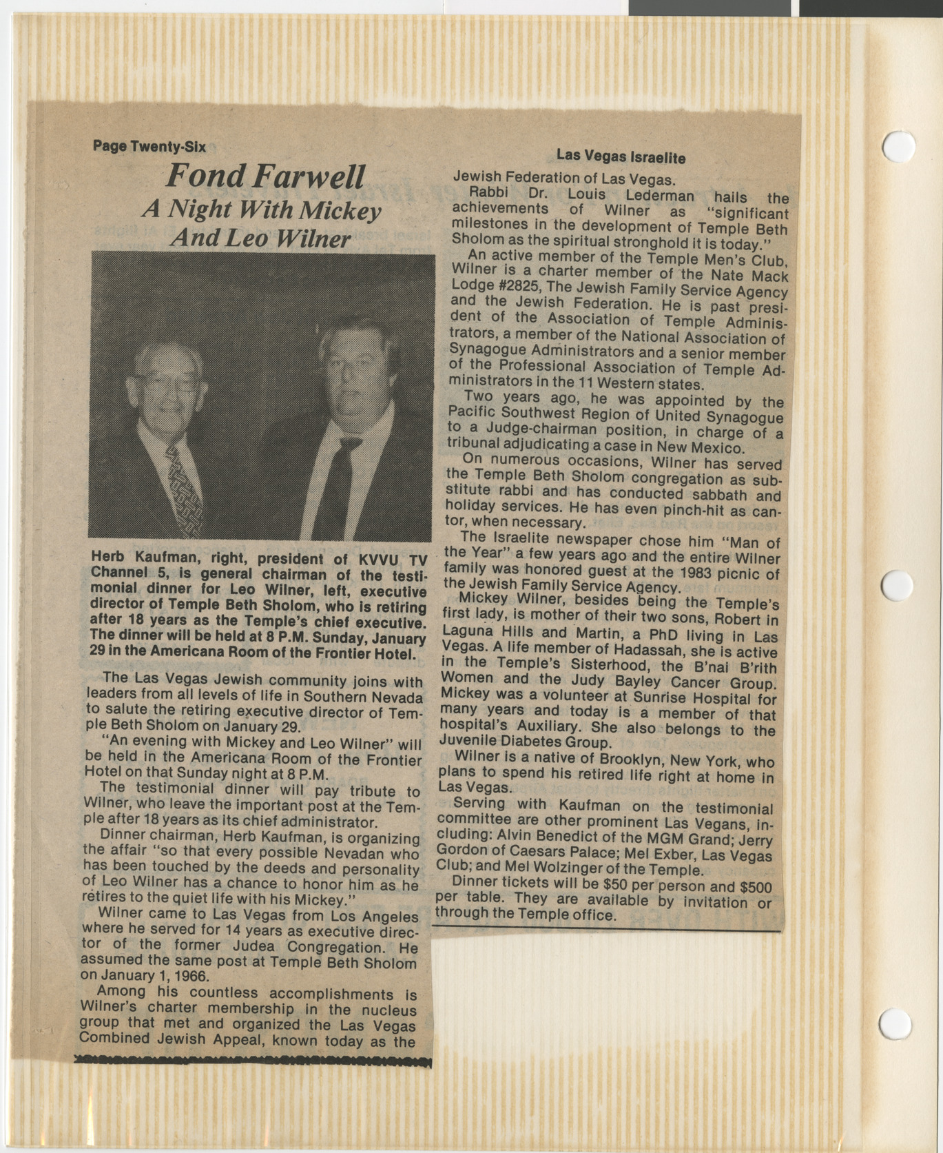 Newspaper clipping, Fond Farewell: A night with Mickey and Leo Wilner, Las Vegas Israelite