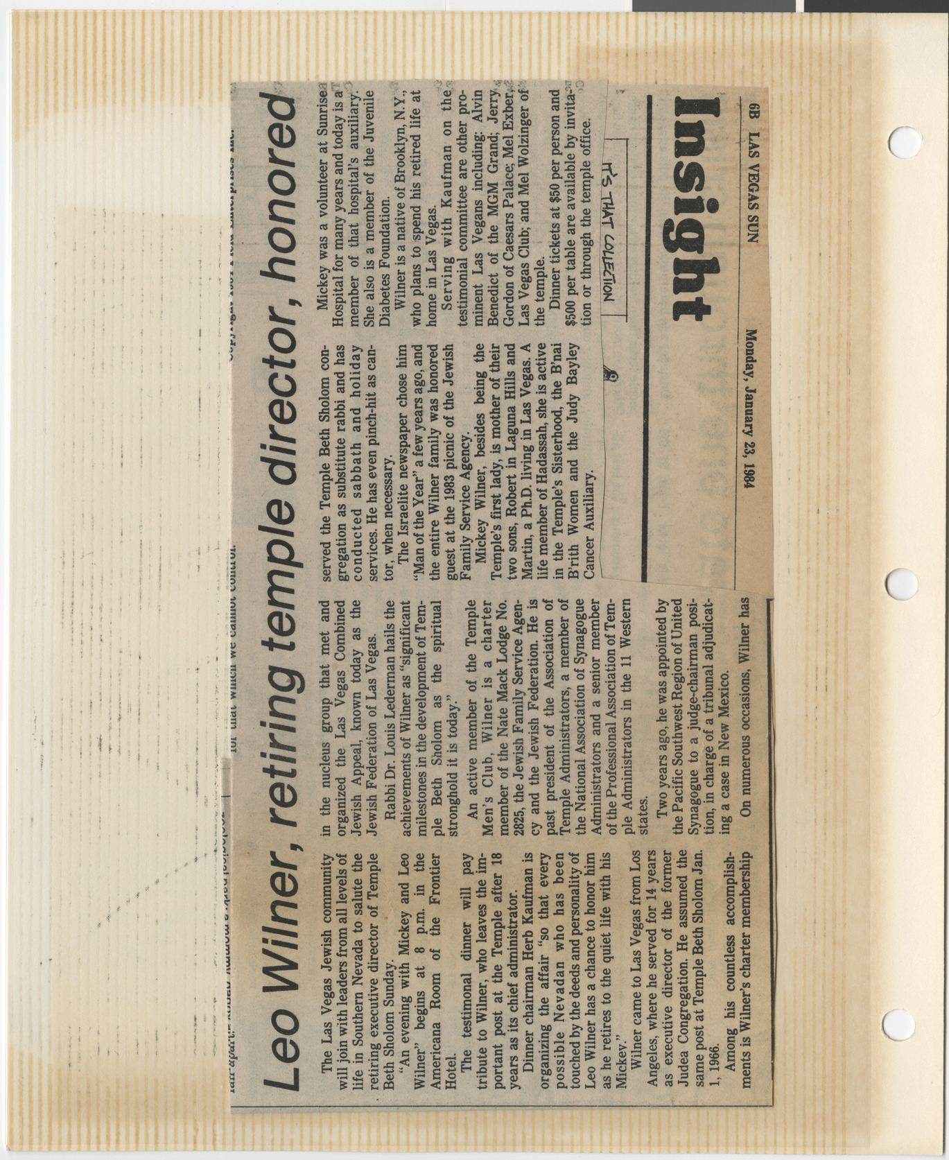 Newspaper clipping, Leo Wilner, retiring temple director, honored, Las Vegas Sun, January 23, 1984