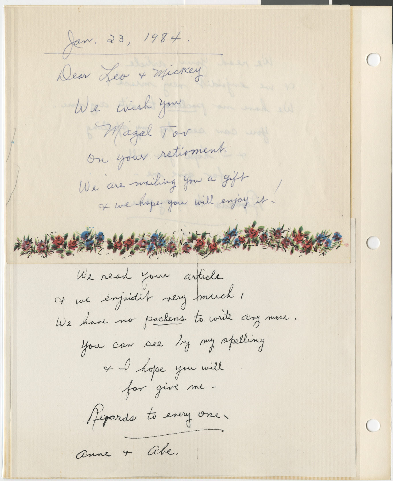 Handwritten note from Anne and Abe, to Leo and Mickey, January 23, 1984