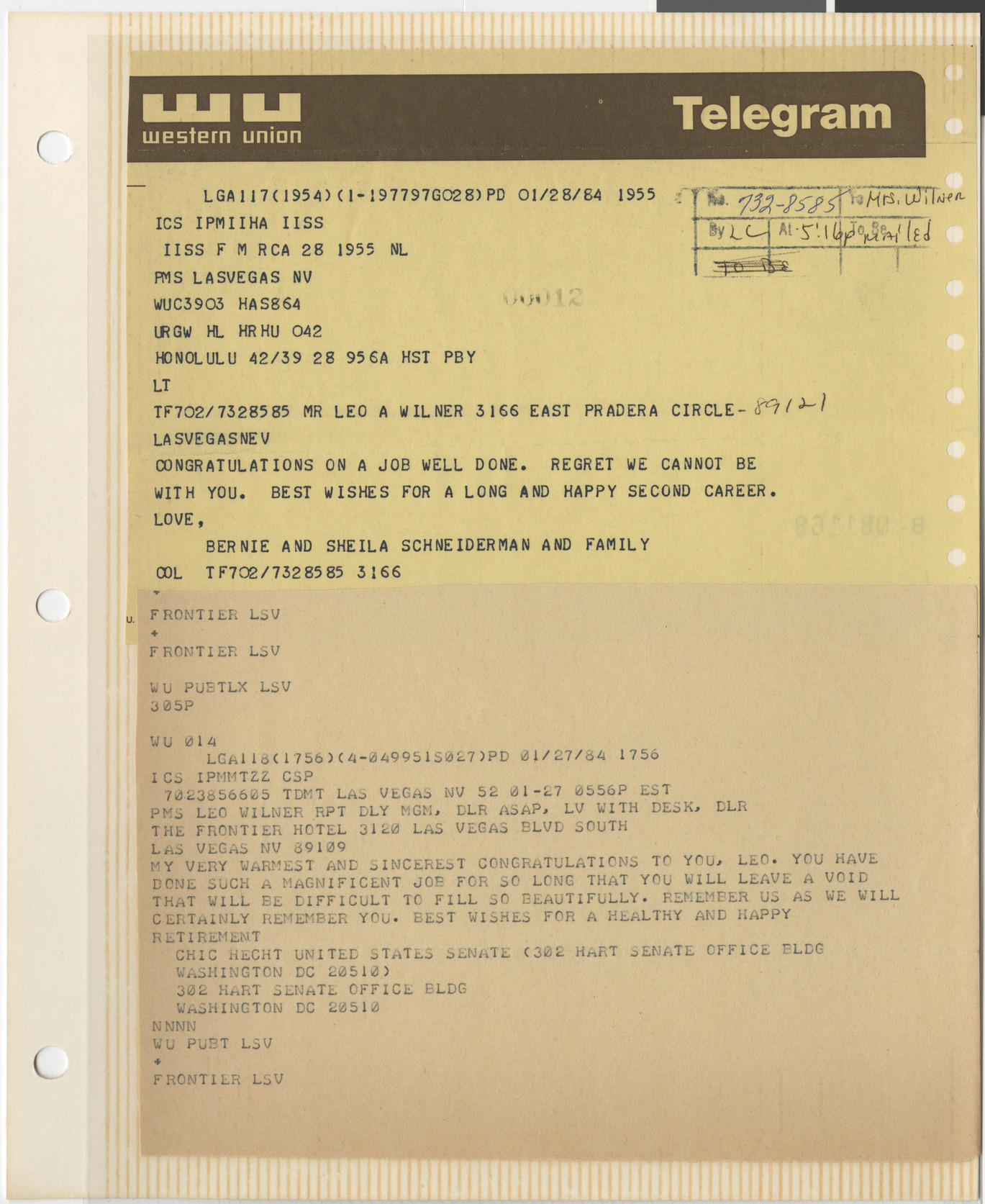 Telegram from Bernie and Sheila Schneiderman to Leo Wilner, and Telegram from Chic Hecht to Leo Wilner, January 1984