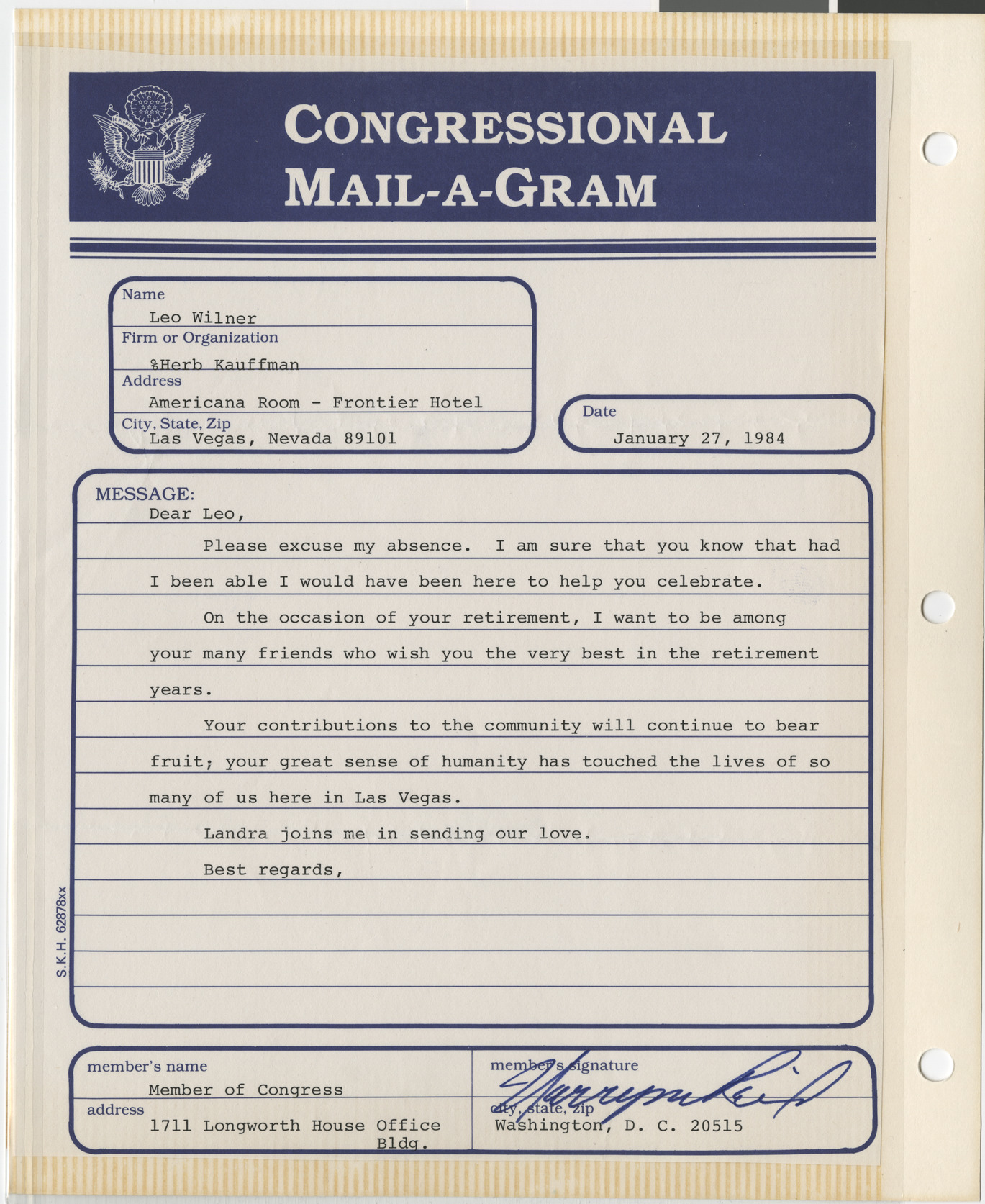 Congressional Mail-a-Gram from Harry Reid to Leo Wilner, January 27, 1984