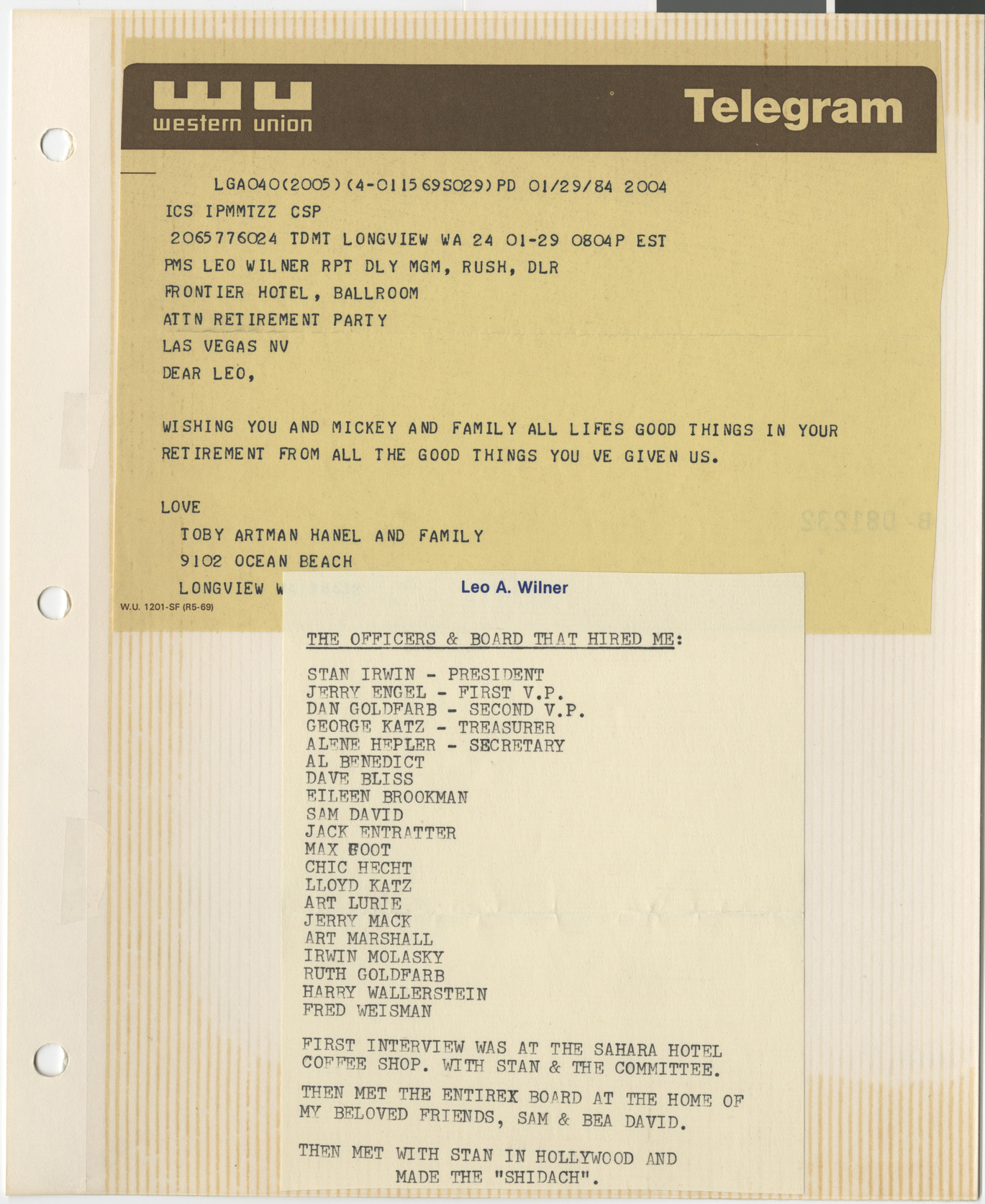 Telegram from Toby Artman Hanel to Leo Wilner, and a note from Leo Wilner on the Board of Directors who hired him, January 1984