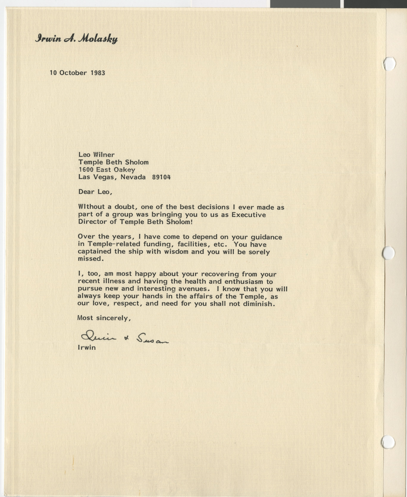 Letter from Irwin Molasky to Leo Wilner, October 10, 1983