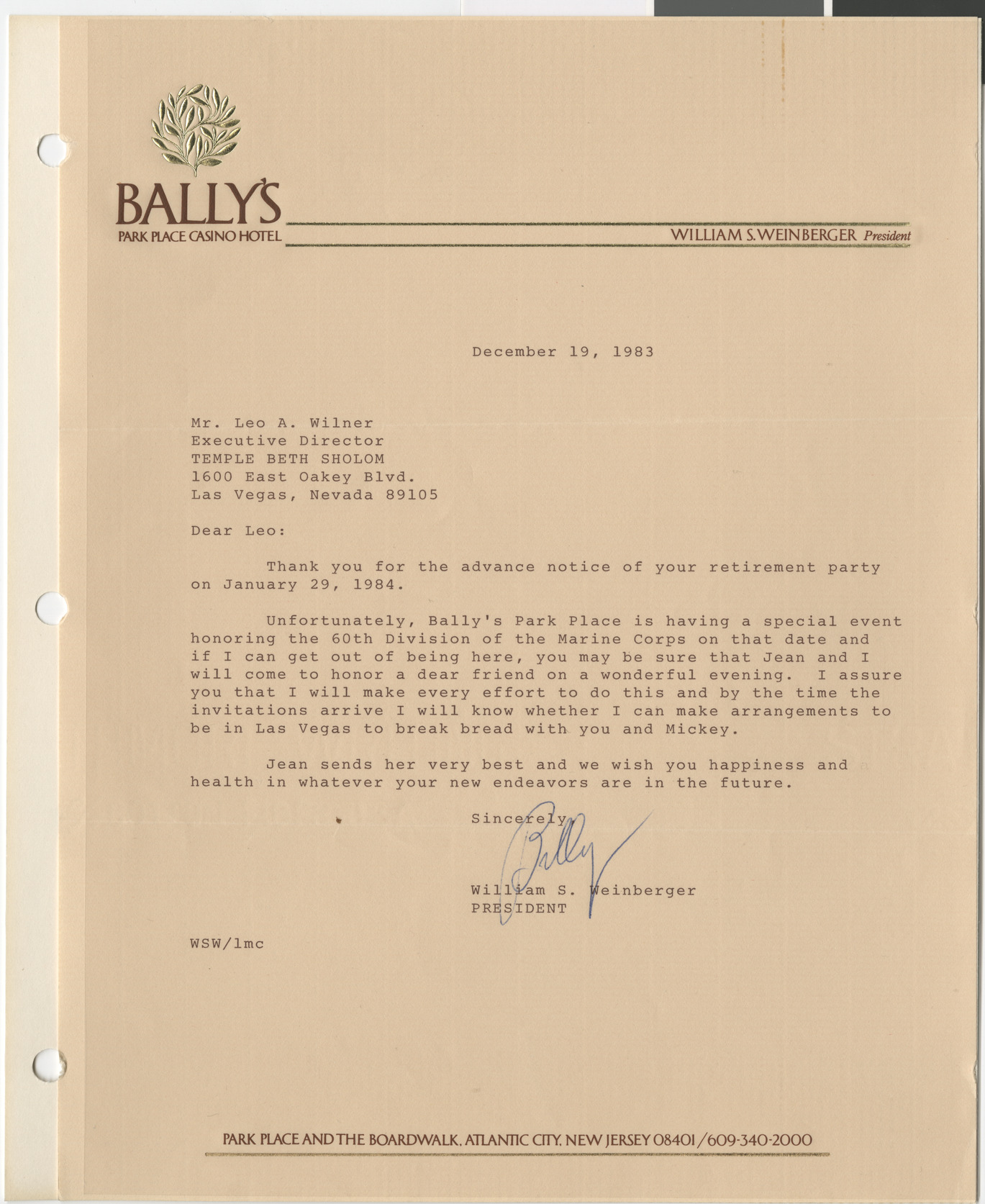 Letter from William S. Weinberger (Bally's Hotel) to Leo Wilner, December 19, 1983