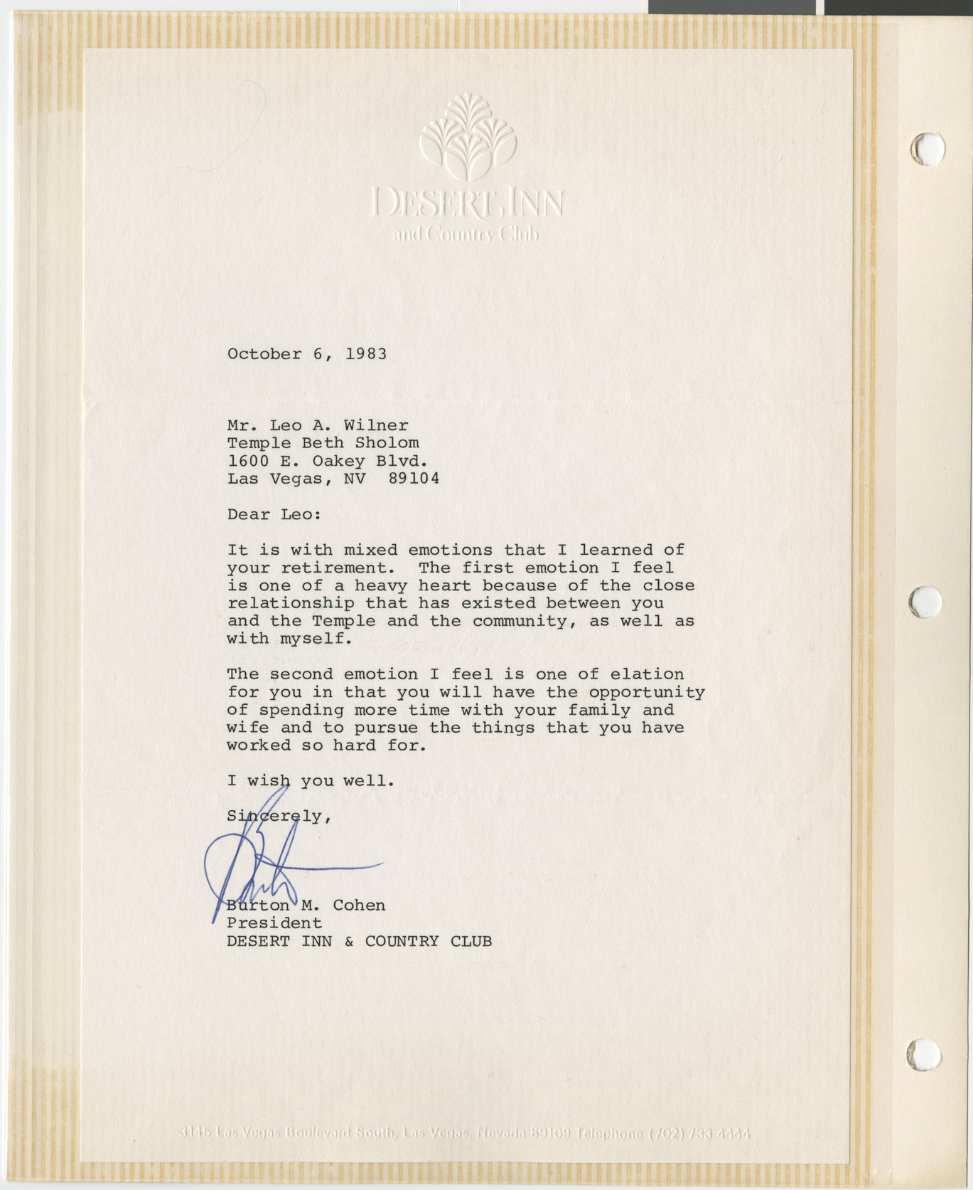Letter from Burton M. Cohen (Desert Inn and Country Club), to Leo Wilner, October 6, 1983