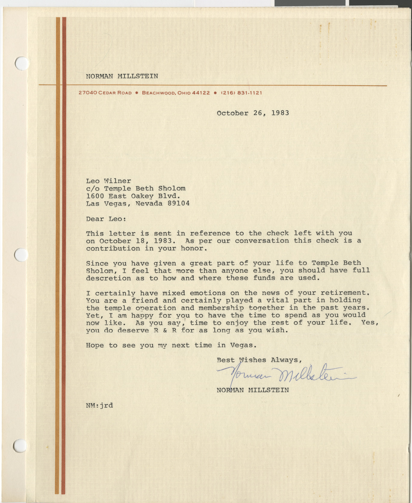 Letter from Norman Milstein (Beachwood, Ohio) to Leo Wilner, October 26, 1983