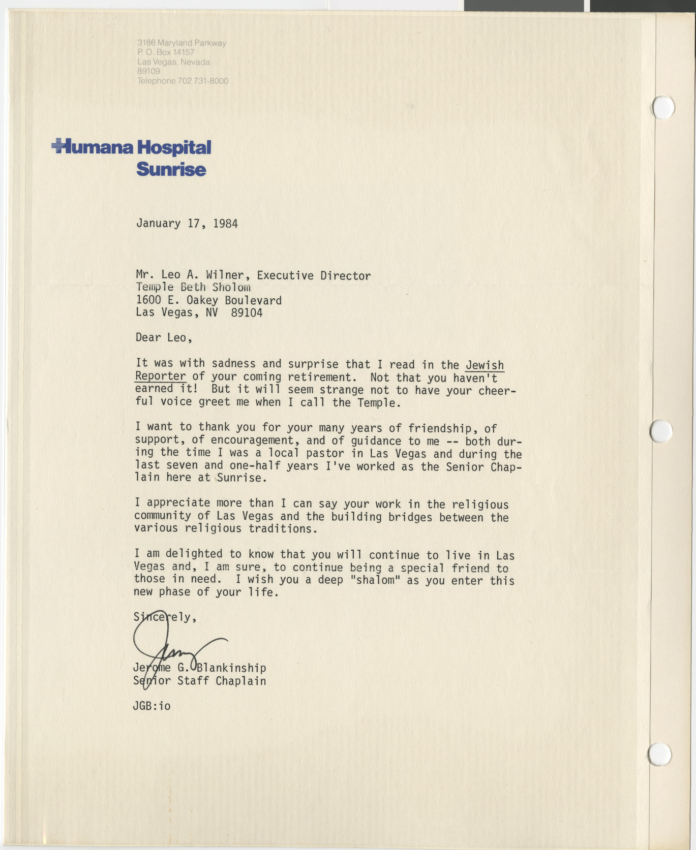 Letter from Jerome G. Blankenship (Hospital Sunrise) to Leo Wilner, January 17, 1984