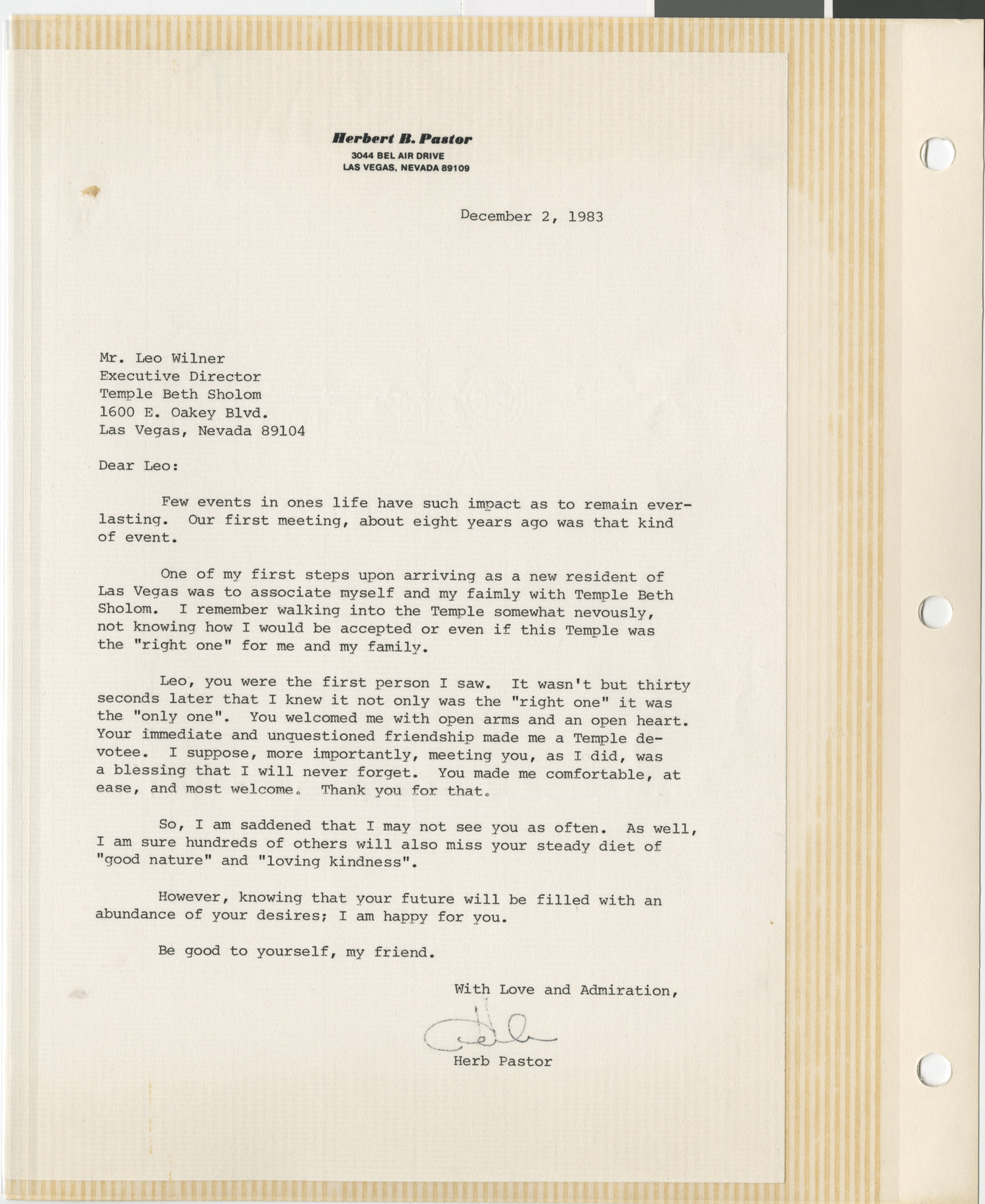 Letter from Herb Pastor (Las Vegas, Nev.) to Leo Wilner, December 2, 1983