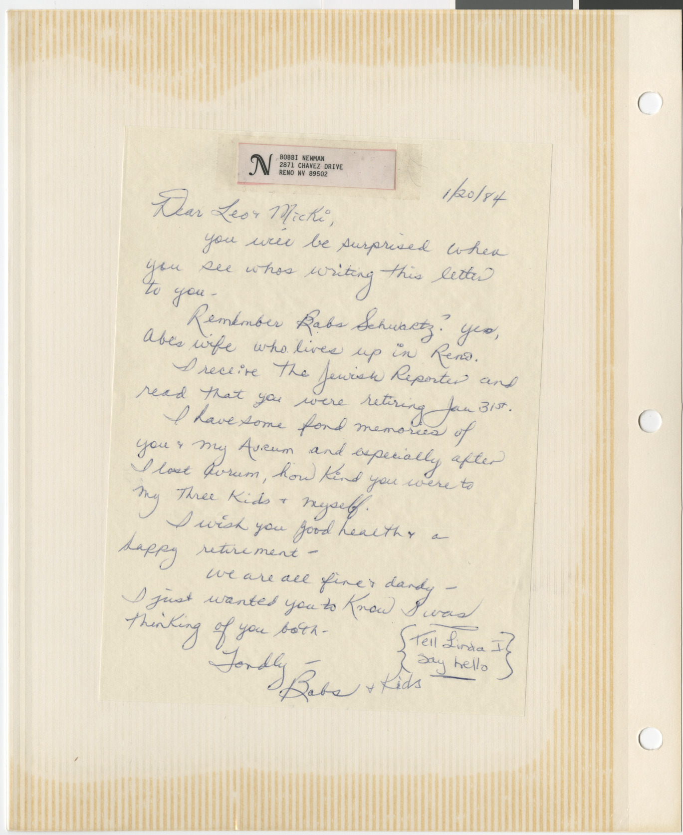 Handwritten note from Bobbi Newman (Reno, Nev.) to Leo and Mickey Wilner, January 20, 1984