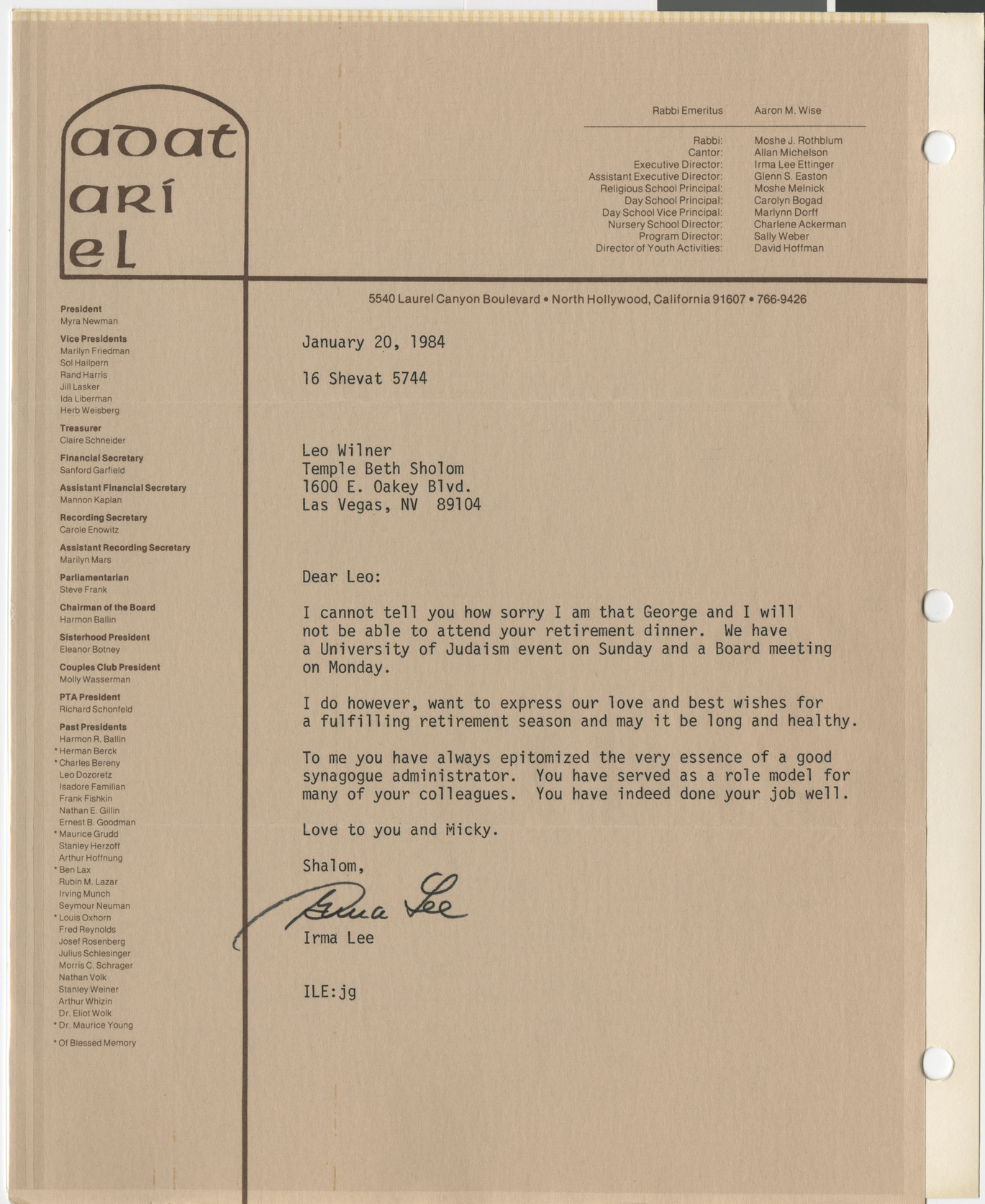 Letter from Irma Lee (Adat Ari El, North Hollywood, Calif.) to Leo Wilner, January 20, 1984