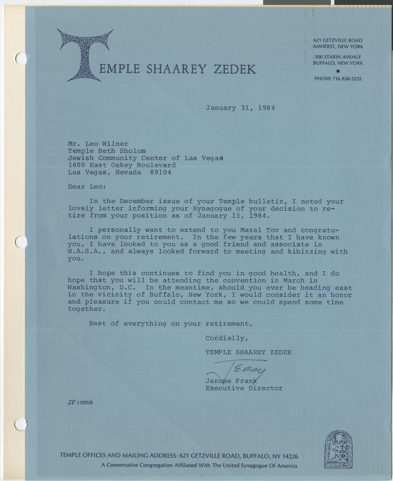 Letter from Jerome Frank (Temple Saarey Zedek, Buffalo, New York) to Leo Wilner, January 31, 1984