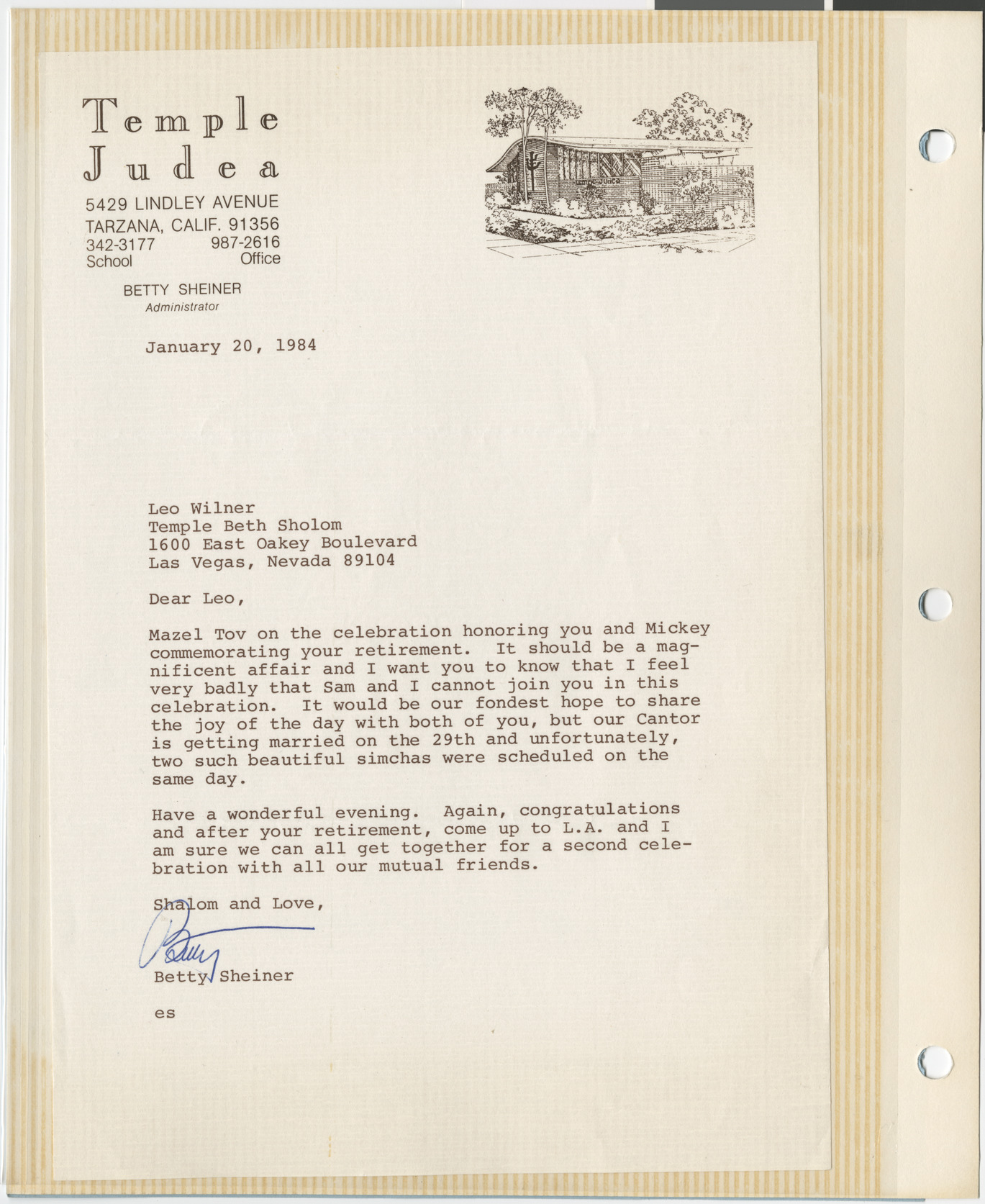 Letter from Betty Sheiner (Temple Judea, Tarzana, Calif.) to Leo Wilner, January 20, 1984