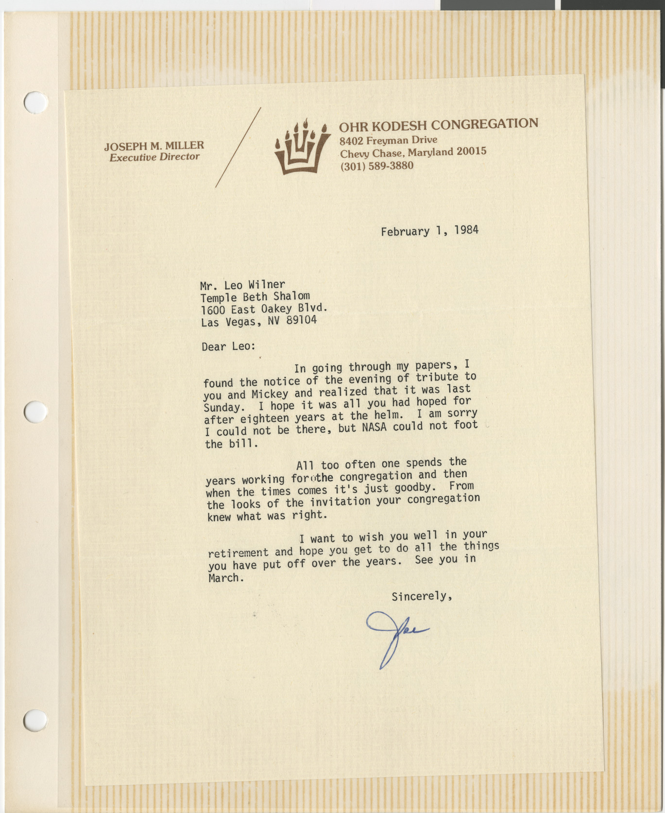 Letter from Joseph Miller (Ohr Kodesh Congregation, Chevy Chase, Md.) to Leo Wilner, February 1, 1984