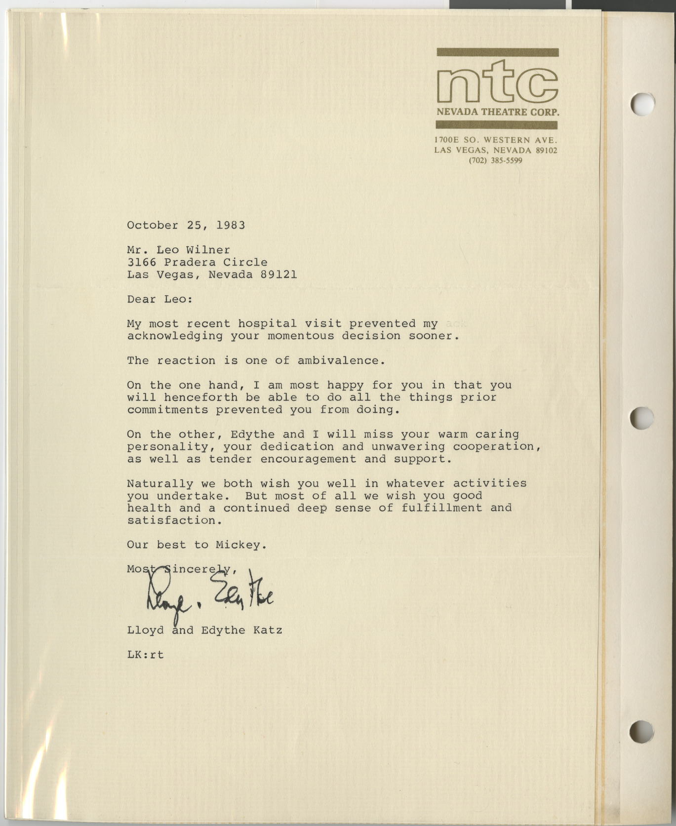 Letter from Lloyd and Edythe Katz (Nevada Theatre Corp., Las Vegas, Nev.) to Leo Wilner, October 25, 1983