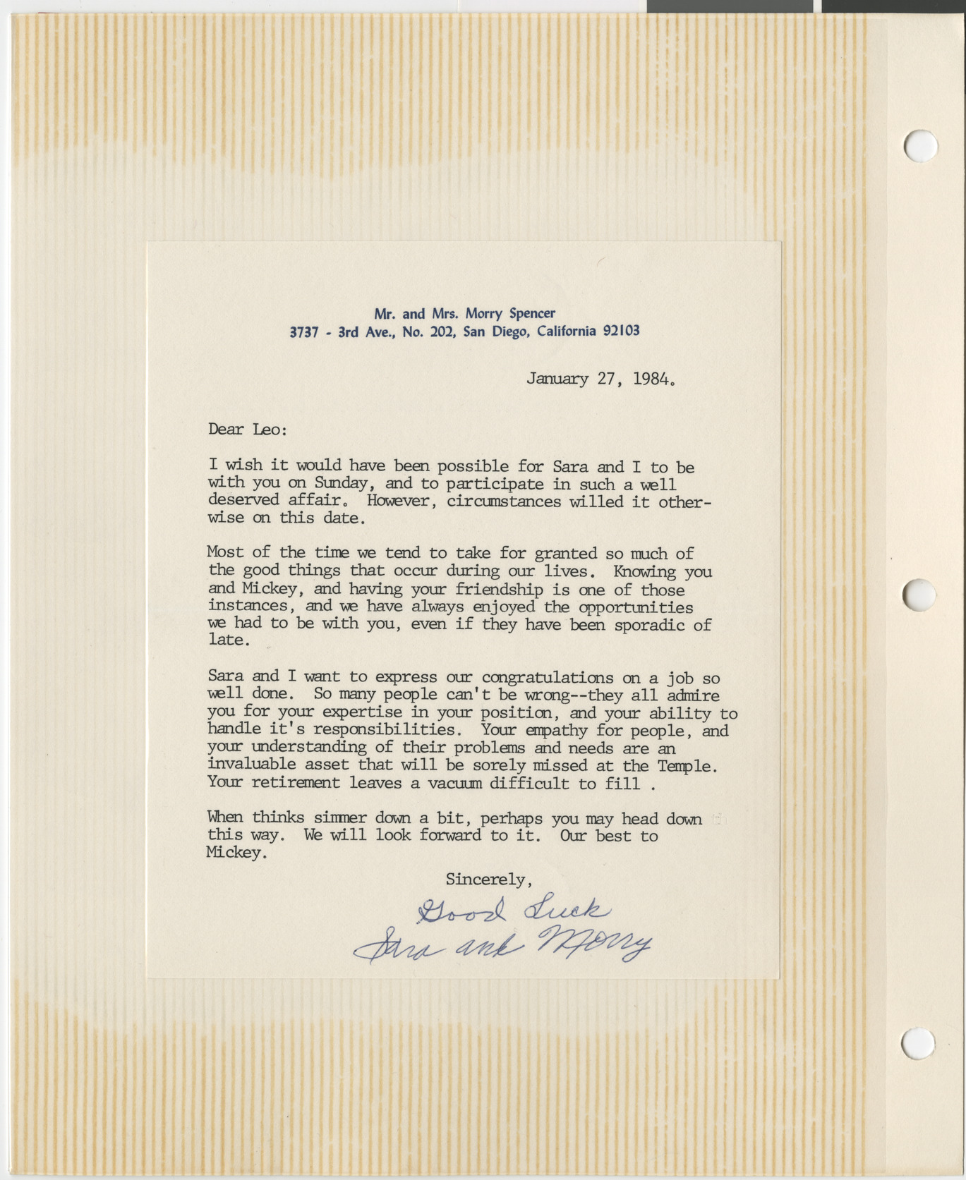 Letter from Sara and Morry Spencer (San Diego, Calif.) to Leo Wilner, January 27, 1984